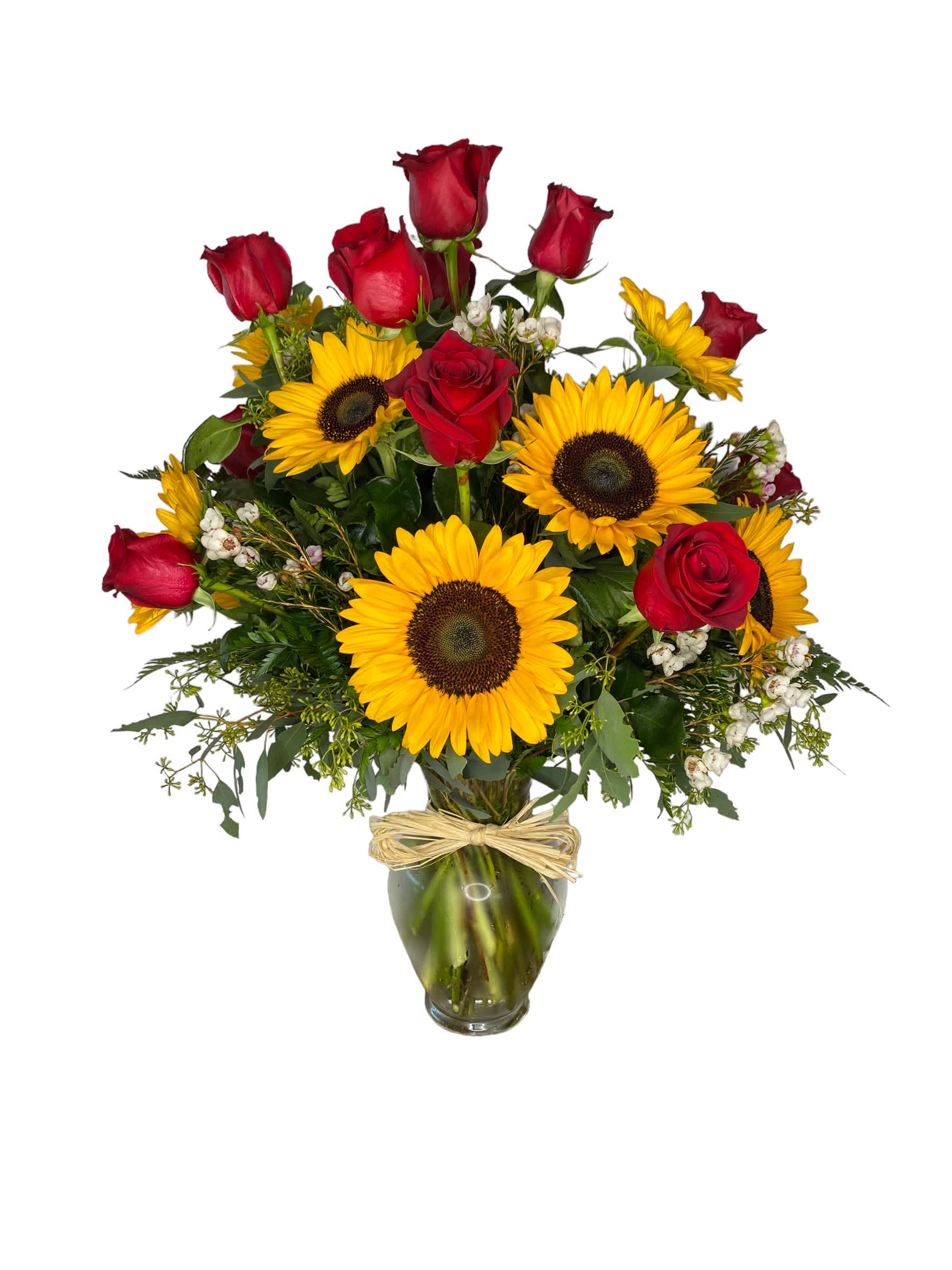 Red Roses and Sunflower Vase Bouquet Red Roses and Sunflower Vase Bouquet - Standard: 12 roses with 6 sunflowers Deluxe: 14 roses with 7 sunflowers Premium: 16 roses with 8 sunflowers