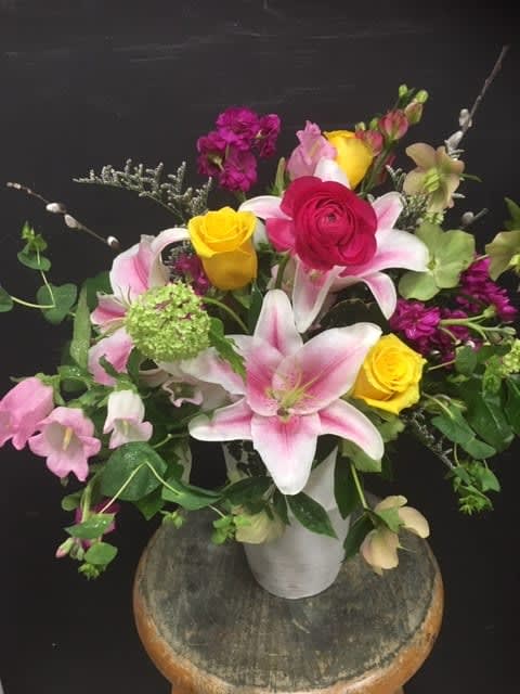 pinks and yellows  ceramic vase  - lilies, roses, ranunculus , stock