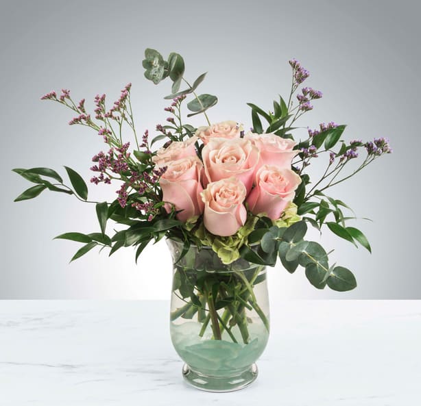 Daydreaming by BloomNation™ - Blush roses with a variety of greenery and eucalyptus come together for a lovely arrangement. A stylish and sweet way to dress up any space, send this arrangement for Mothers Day, Sister's Day, or Women's Day.    APPROXIMATE DIMENSIONS: 15&quot; W x 10&quot; H