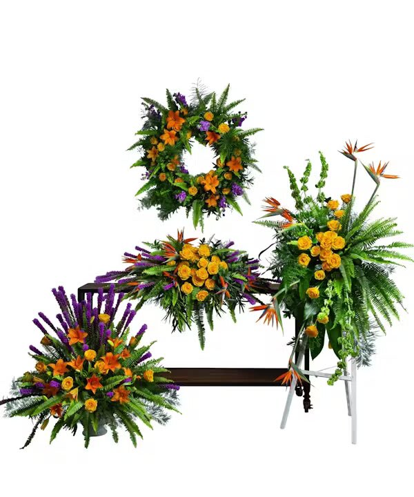 BIRDS OF SOLACE COLLECTION BIRDS OF SOLACE COLLECTION - The Birds of Solace Sympathy Collection is a beautiful tribute to a loved one. Designed with vibrant orange lilies, yellow roses, purple liatris, and lush green ferns, this collection is appropriate for display at a funeral service. Collection includes Birds of Solace Casket Spray; Birds of Solace Sympathy Wreath, Birds of Solace Standing Spray and Sympathy Urn.