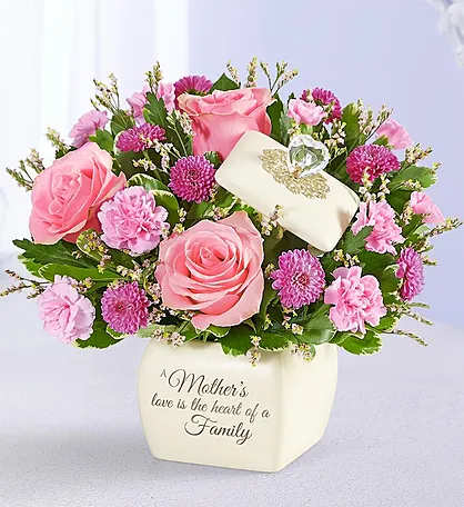 A Mothers Love - CONTAINER WILL BE DIFFERENT MESSAGE IS ON LID PINK ROSES LAVENDER FLOWERS