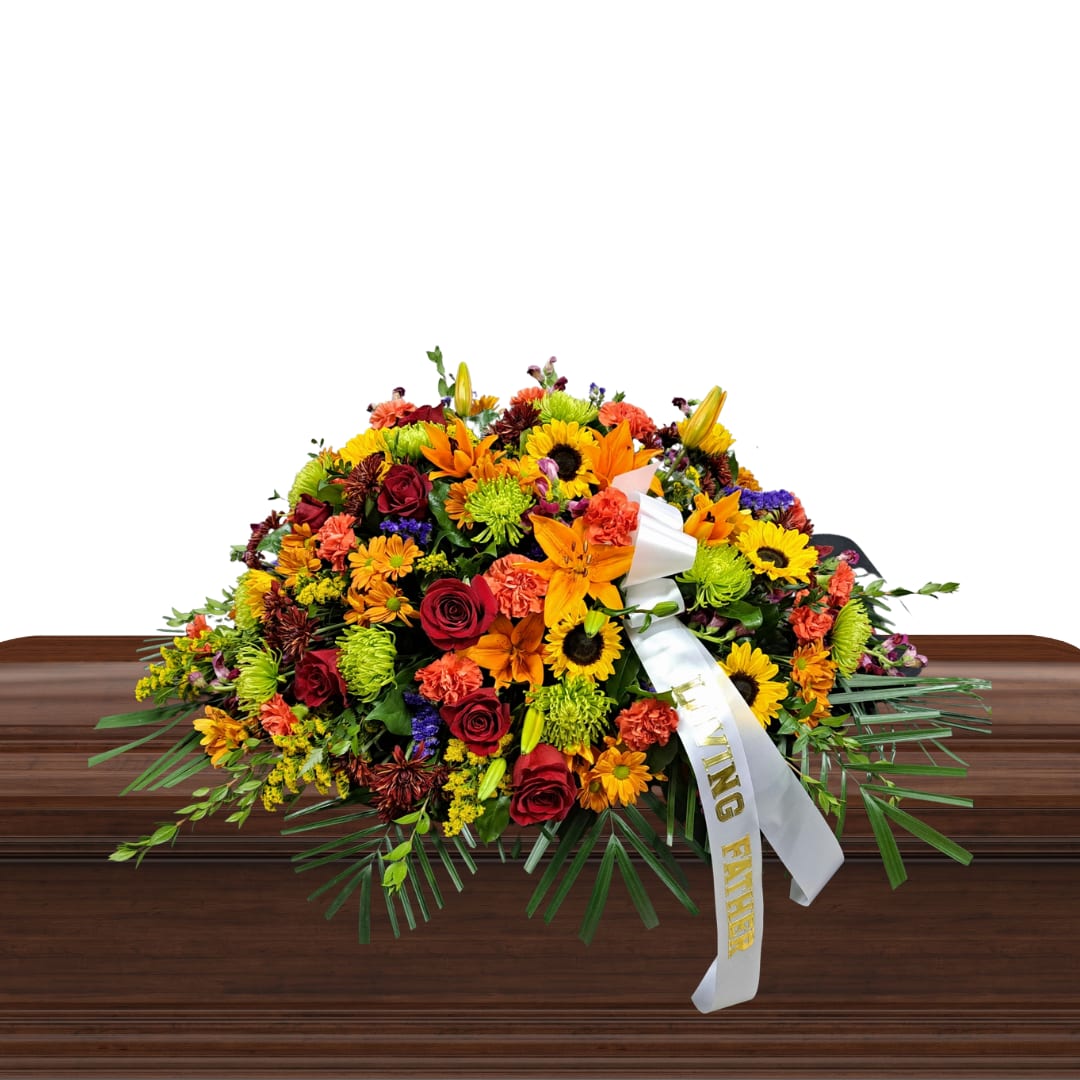 Autumn Style Casket Spray by ABM Floral Studio - We understand the importance of expressing your compassion and respect during a loved one’s funeral. That’s why we created our beautiful and elegant Autumn Style Casket Spray – made to offer a splendid and meaningful tribute for any service. This unique full or half casket spray features colorful and vivid arrangements of red roses, orange lilies, sunflowers, green spider mums, orange carnations, burgundy chrysanthemums, and purple statis - arranged in perfect harmony with colors to create a stunning autumnal effect. Pay tribute to your special someone with this precious symbol and honor their life in the way they truly deserve - with the breathtaking beauty of this casket spray. ABM Floral Studio is here to take care of everything for you so that you can focus on what matters - honoring your lost loved one with love and respect.