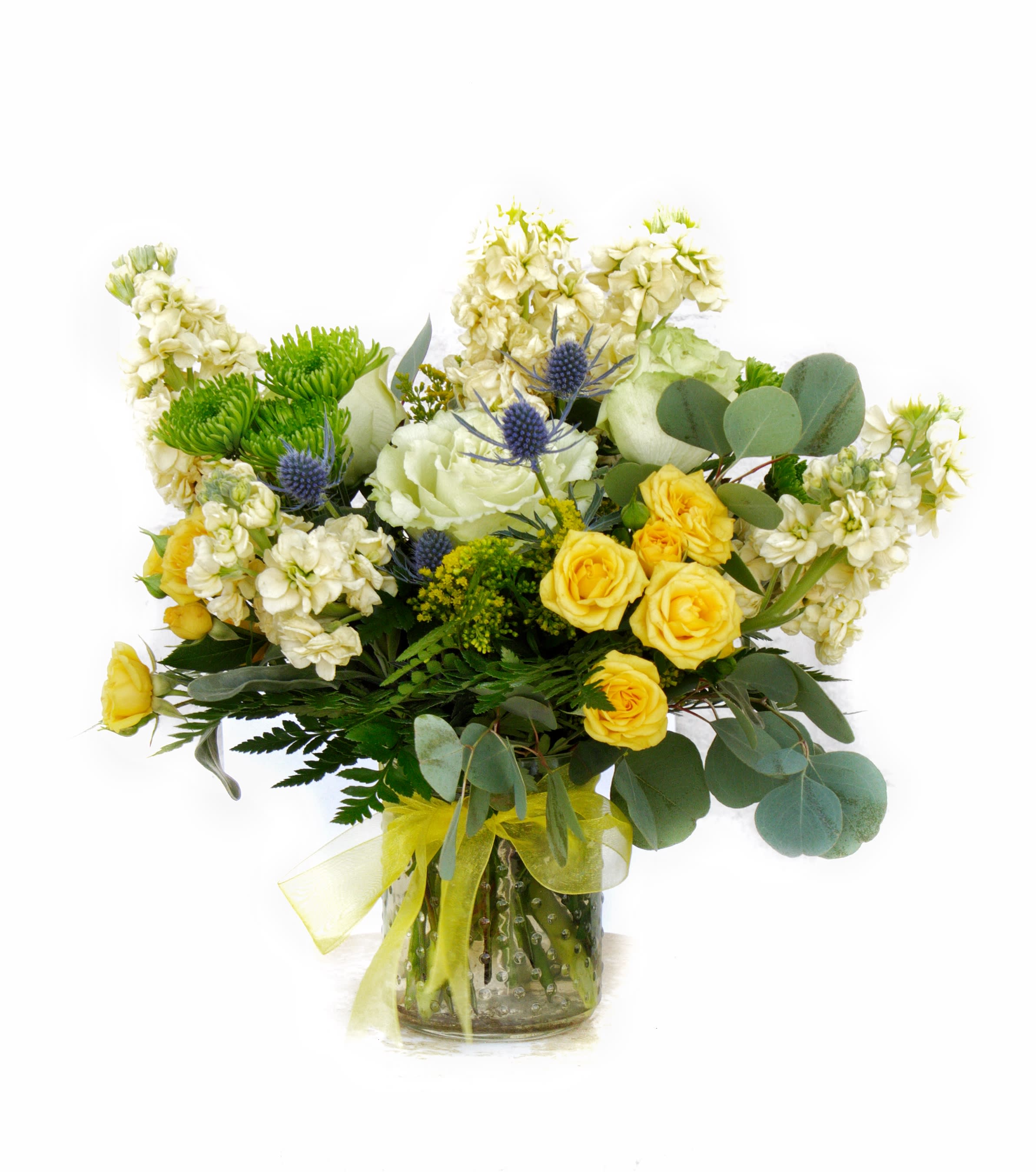 A Little Sunshine - Sunshine design including rose, fragrant stock, pompon and accents.