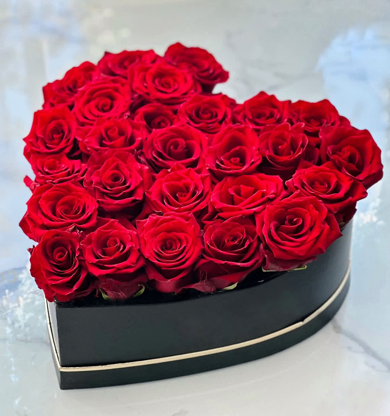 Black Heart with Roses - Within the black box adorned with a golden heart lie passionate red roses, akin to living flames, sparkling in the darkness of the night. Their vivid petals delicately brushing against each other create an image of love and romance, filling the space with magic and inspiration. This symbolic gift expresses unspoken feelings and beckons to the heart of eternal passion and tenderness.