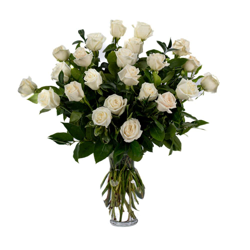 RW24 - Two Dozen White Roses - Our classic 2 dozen white roses are designed with long-stem 70 cm white roses, rich greens in a clear glass cylinder.