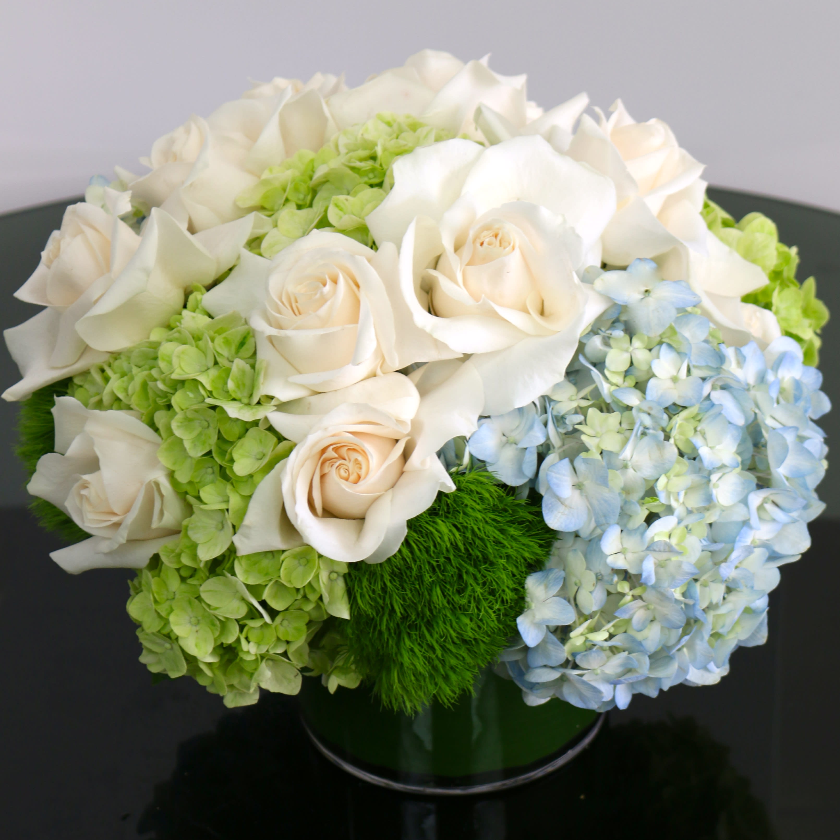 White Roses and Blue Hydrangeas - Full of gorgeous white roses, blue and green hydrangeas.