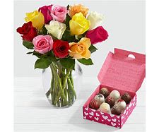 Sweet Treat - One Dozen mixed colored roses accompanied with 6 Belgian Truffles