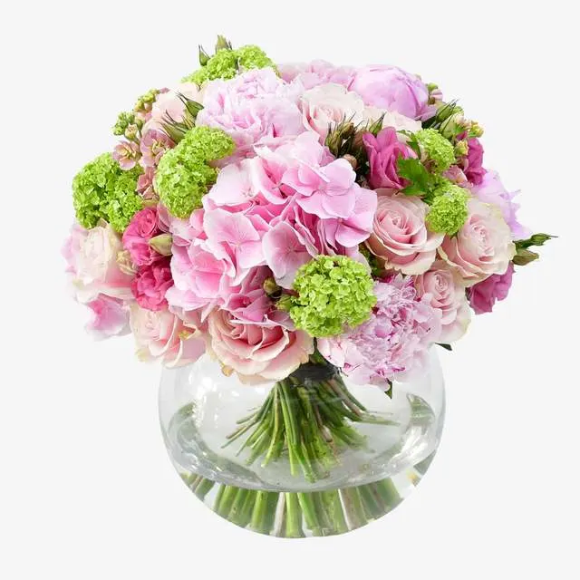 Blooming Bounty Bouquet - A beautiful collection of sweet pink roses,  elegantly mixed by our master florists with hydrangeas, peonies and cerise lisianthus to create a stunning bouquet of flowers.