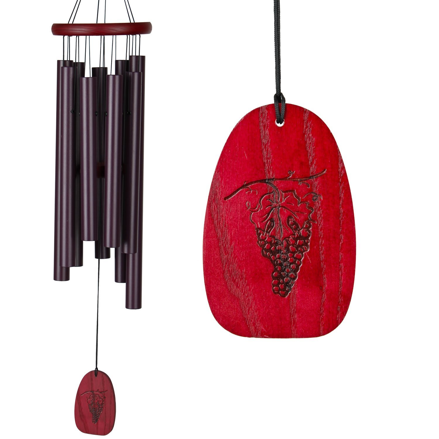 Woodstock Chimes - Chimes of Tuscany - This wind chime is tuned to poignant notes from the aria Sono giunta! Madre, pietosa Vergine from the opera La Forza del Destino (The Force of Destiny), by the great Italian composer Giuseppe Verdi.  Since music and wine just seem to go together, we've created a chime that celebrates not only Verdi’s music but also one of the world's most famous winemaking regions. Dotted with lush vineyards, ancient olive groves, stone farmhouses and medieval castles, the beautiful Tuscan countryside stretches from the mountains to the sea. Here, Italy's finest wines are created according to the rhythms of nature, just as they have been for hundreds of years. May our Chimes of Tuscany accompany you as you celebrate the rhythms of nature and the sounds of life. Enjoy!Burgundy wash finish ash wood Nine satin burgundy aluminum tubes Wood-burned grapes image on windcatcher Removable windcatcher for easy customization Overall Length: 27 inches • Diameter: 5 inches 