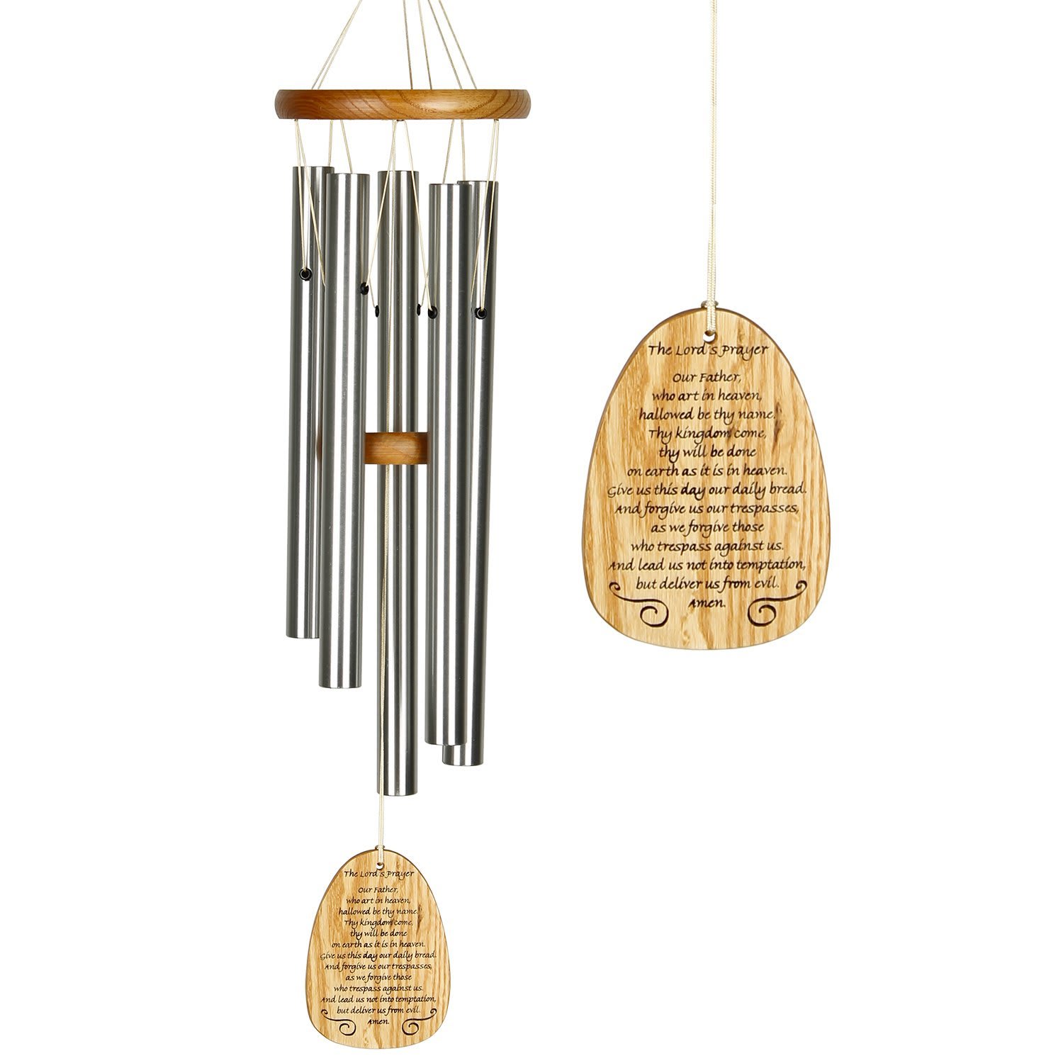 Woodstock Chimes - Lord's Prayer - A classic style Woodstock Chime that has the Lord's Prayer silk-screened on the chime's windcatcher.  This chime offers a soothing mix of tones combined with an inspirational message on the windcatcher. Create a contemplative corner in your landscape or enhance your meditation garden with this elegant, serene chime.Cherry finish ash wood Five silver aluminum tubes Silk-screened windcatcher Removable windcatcher for easy customization Overall Length: 22 inches • Diameter: 5 inches
