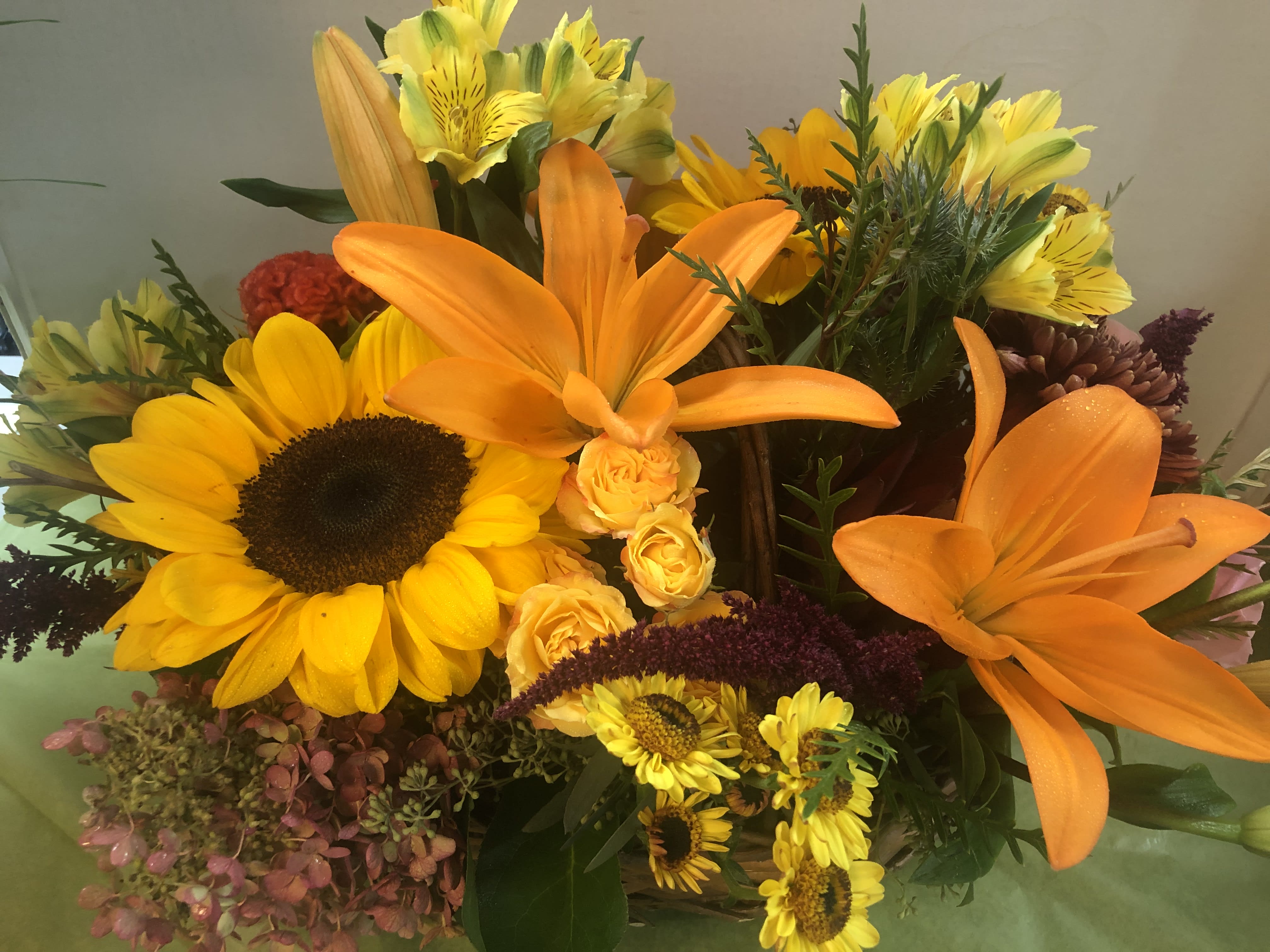 Autumn  Seasonal Centerpiece - Sunflower, Lilies, Seasonal Flowers, Fancy green
