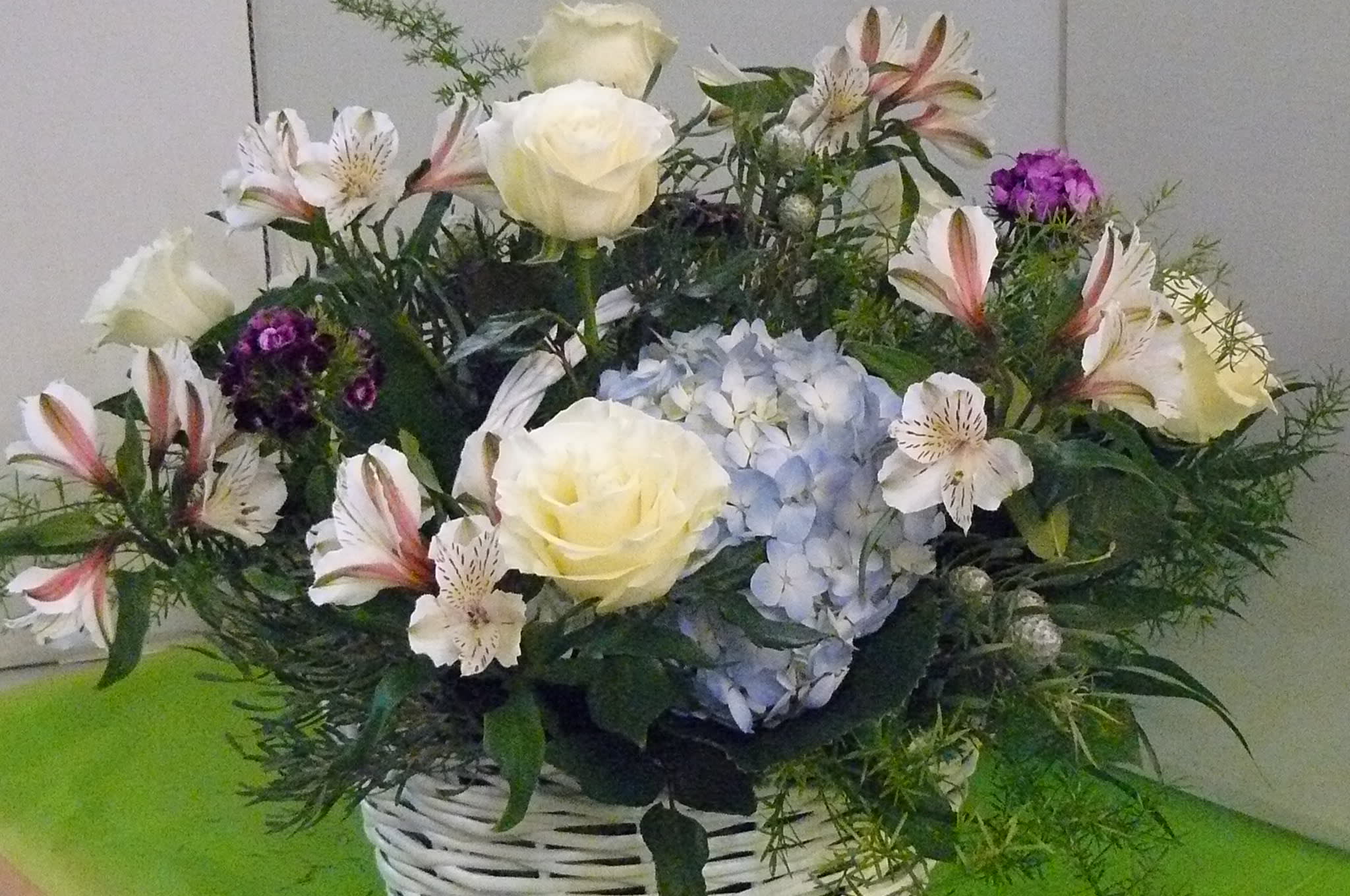 Summer Basket - Roses, Hydrangea, Alstromeria, Wax flower , Thistle &amp; Assorted Greens