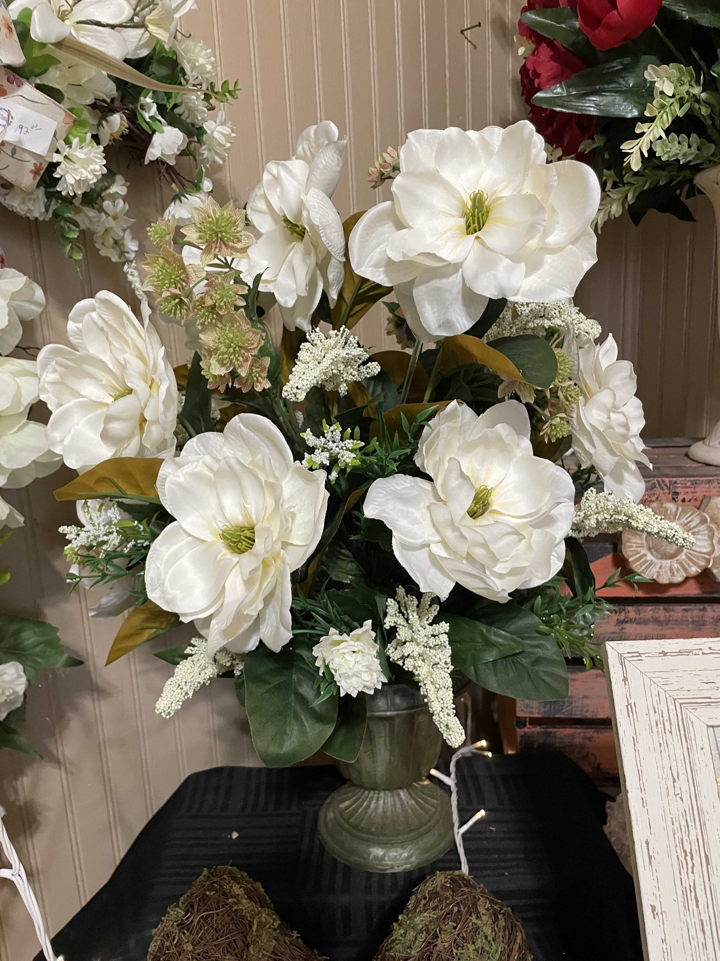 Magnolia Silk Bouquet - Silk magnolia flowers in Shades of off white are so pretty in this lovely farmhouse urn. 