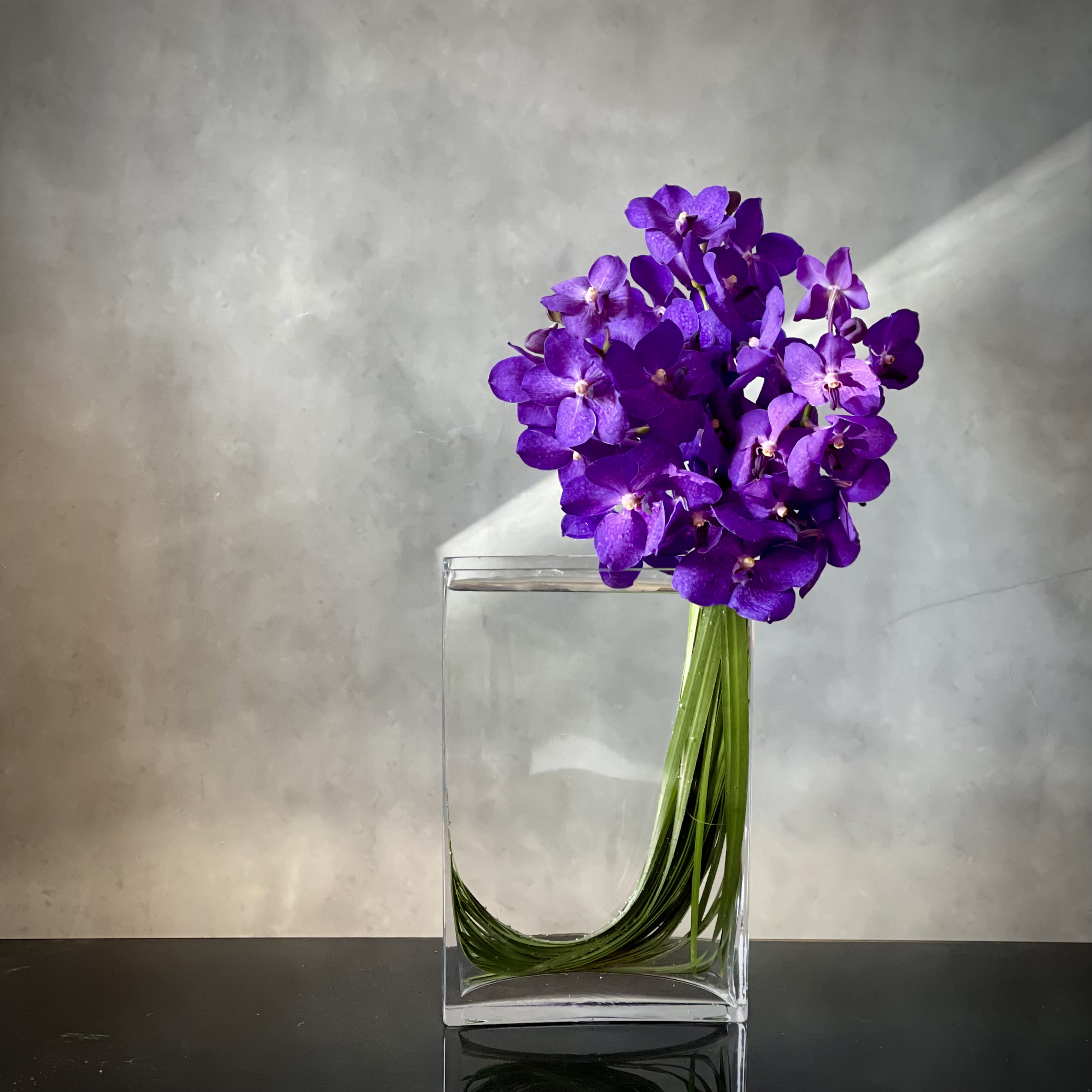 Blues Blues - Cluster of purple vanda orchids in Approx 25”tall in a clear tall vase