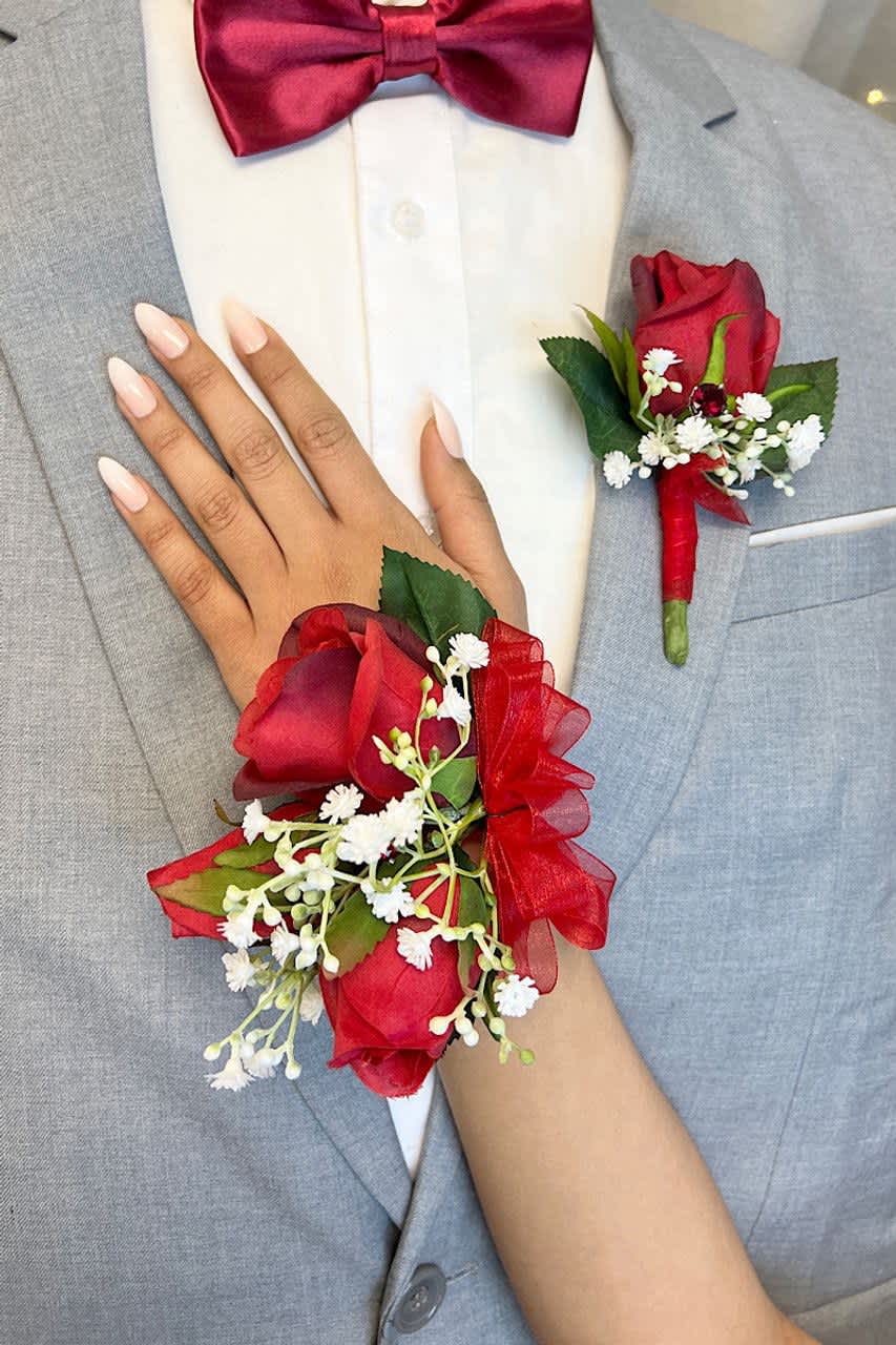 Classic White Posy with Red Corsage Classic White Posy with Red Corsage
