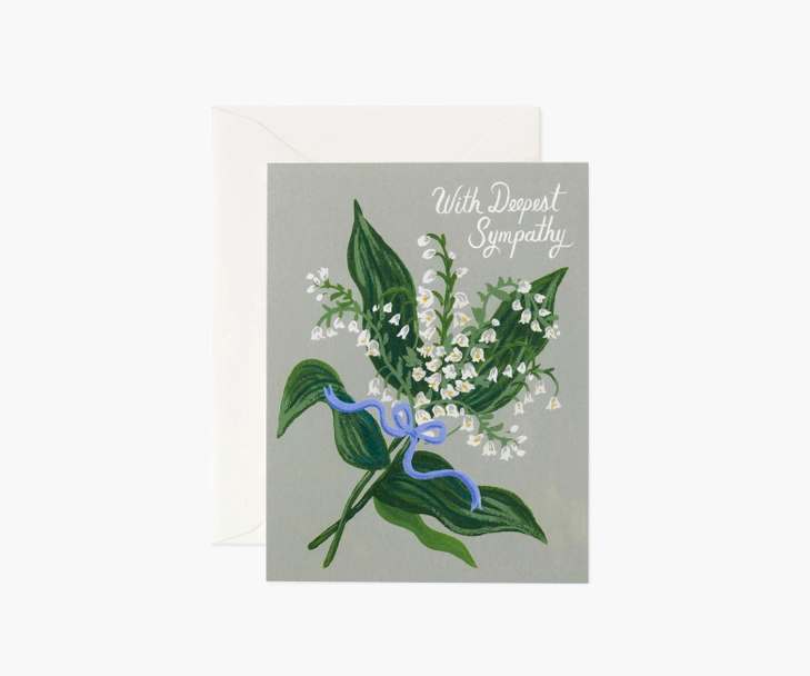 Lily of the Valley Sympathy Card  - Send a note of support to your nearest and dearest with our thoughtful greeting cards. A blank interior lets your handwritten note take center stage.  DETAILS  4.25&quot; L × 5.5&quot; W Natural white cover paper Printed in full color Soft white envelope Blank interior Made in USA Rifle Paper Co. 