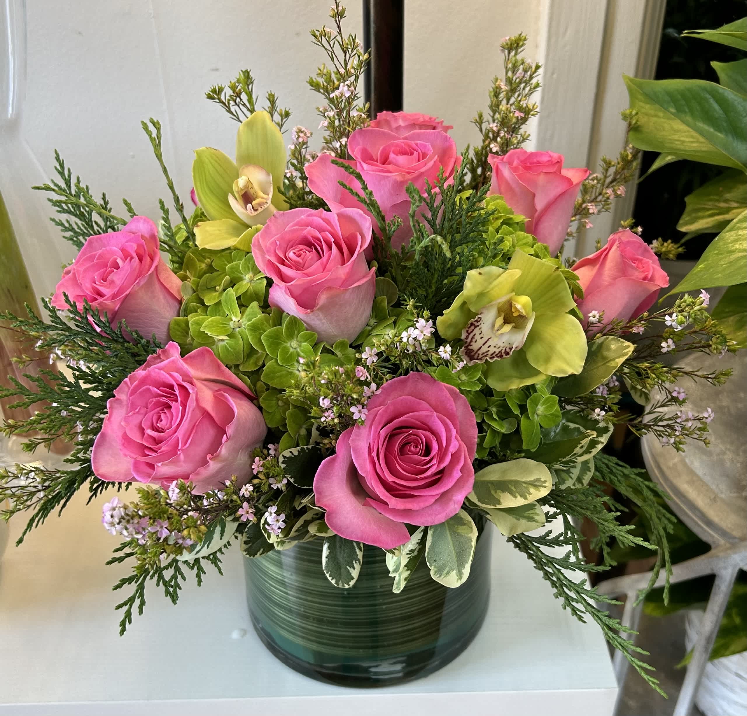 Perfect Rose and orchid bouquet - Pink roses green hydrangeas and green orchids