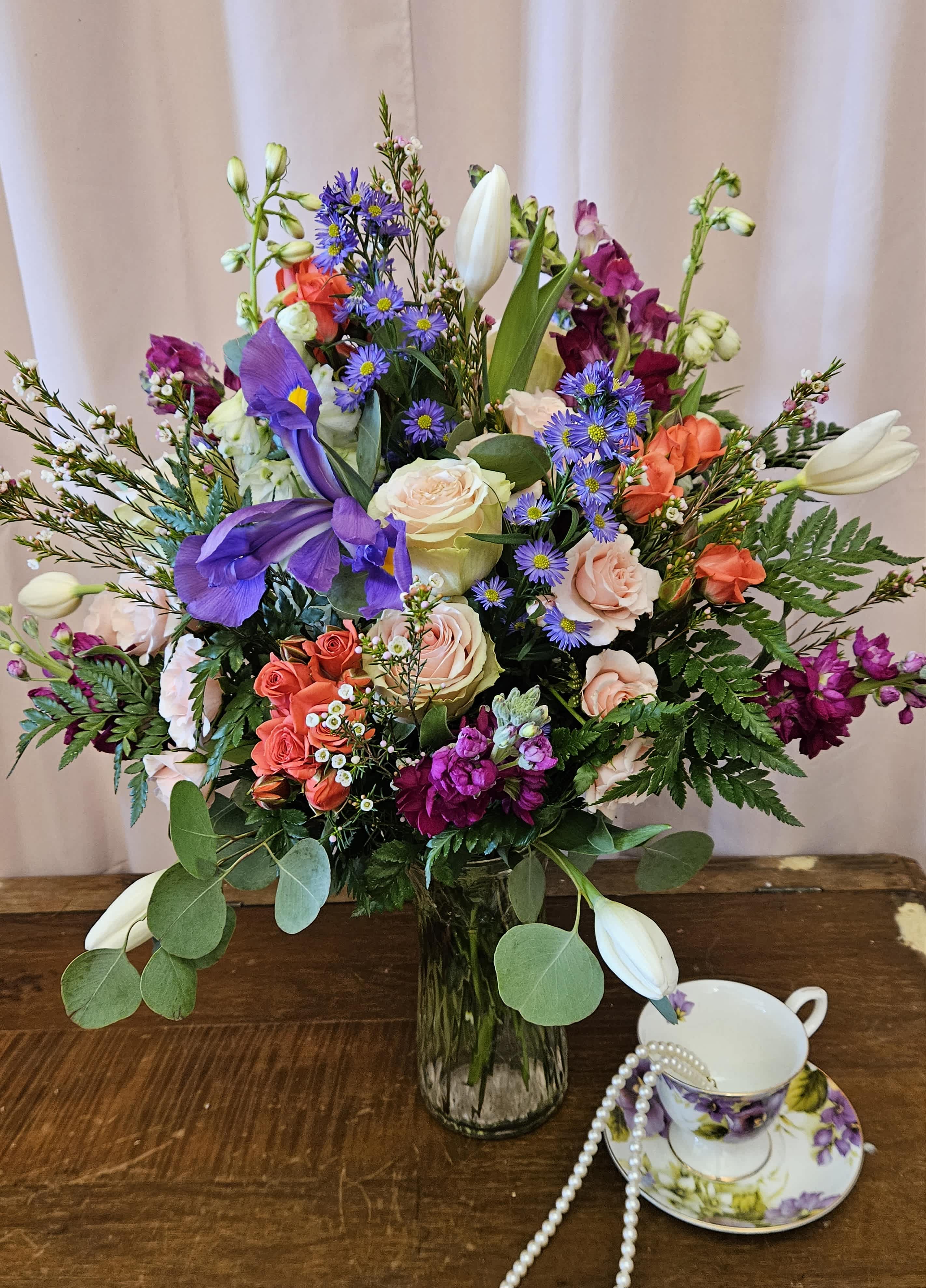 The Lady Danbury - Romantic, Bridgerton inspired vase arrangement for a noble lady. Roses, iris, tulips, snapdragons, and asters. 