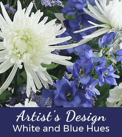 Designer's Choice - Blue and White Hues Bouquet Designer's Choice - Blue and White Hues Bouquet - Can't decide on which bouquet to send? Let the florist design something special using the season's best flowers. This bouquet will arrive beautifully arranged in a glass vase and reflect the amount you have spent. PLEASE NOTE: Flowers on the photo may not be the exact product, but will reflect the exact color scheme of the bouquet. It will be filled with the best seasonal flowers available and each design may also vary.