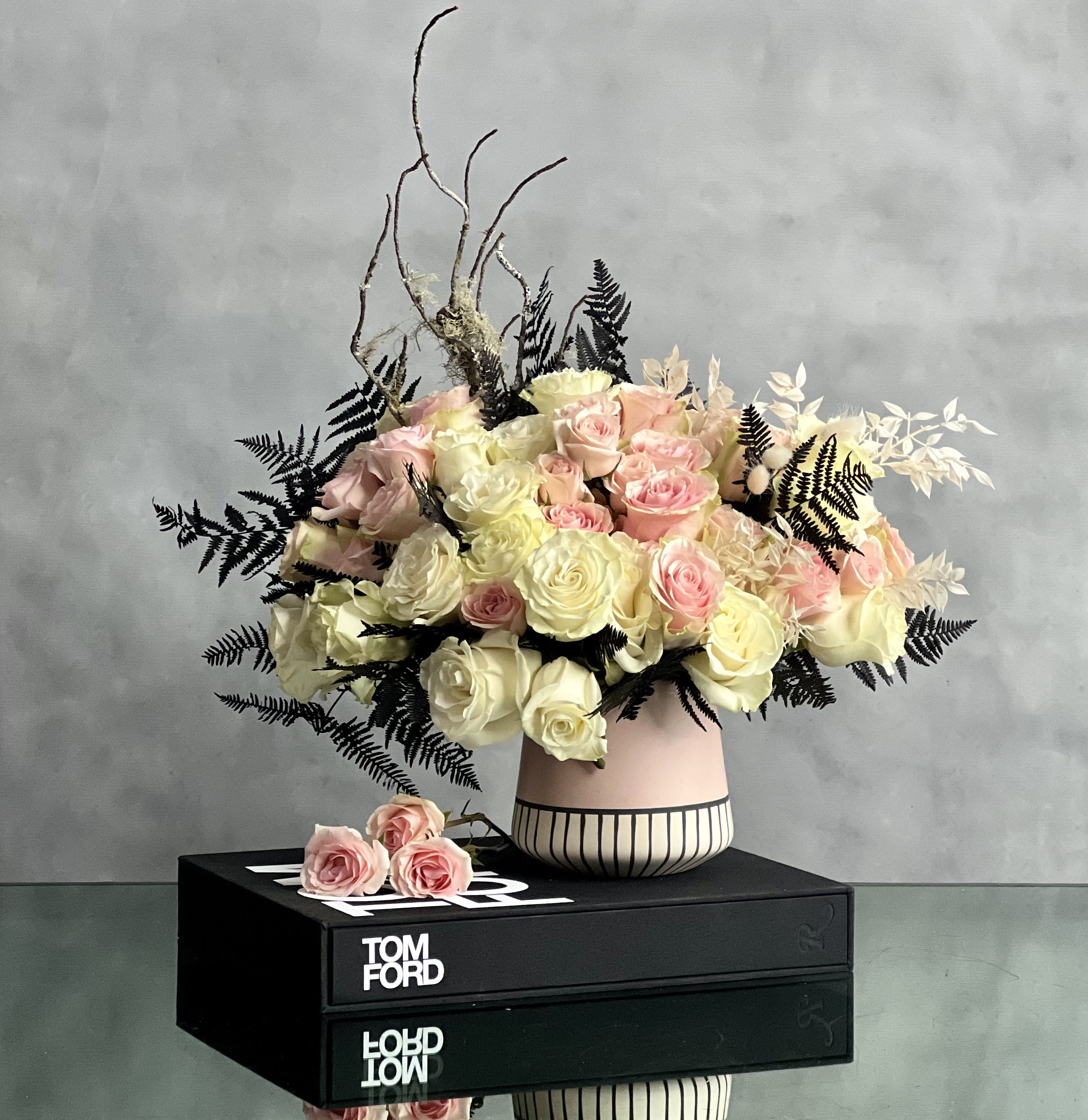 Fall from the Heart - A unique fall floral mix expressed elegantly with neutral tones and splashes of pinks accented with black foliage. 
