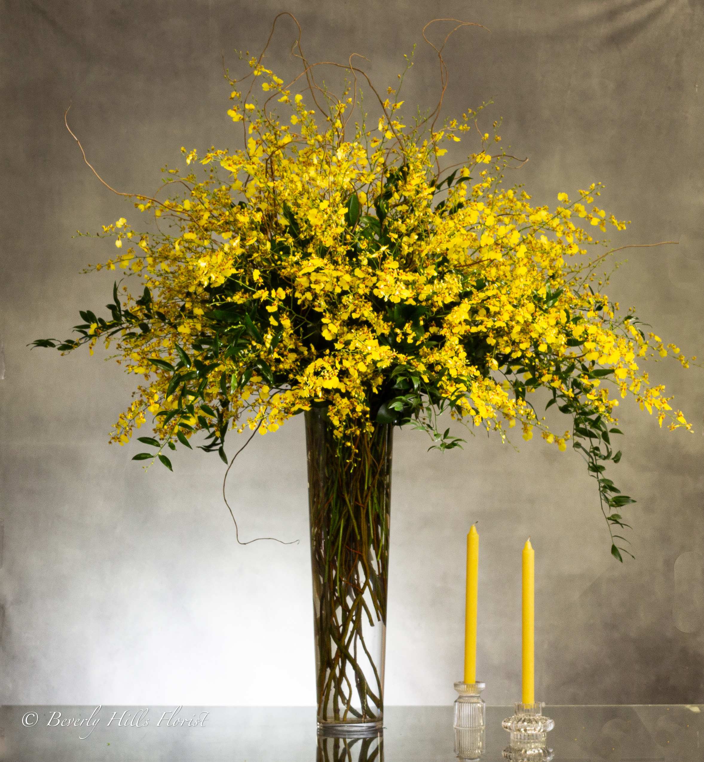 Enchanting Oncidium Orchids - This exquisite creation will captivate anyone, evoking awe with its unique allure and sophistication, displayed in a towering slender glass vase. Stunning golden Oncidium Orchids steal the spotlight in this design, elevated by seasonal greens and branches. Indulge in the luxurious beauty of this enchanting creation. With delicate golden Oncidium Orchids, elegantly displayed in a slender glass vase, it's a masterpiece that will leave you in awe. Enhanced by seasonal greens and branches, this is a stunning addition to any space. Elevate your surroundings with the captivating sophistication of these premium blooms.   5ft tall