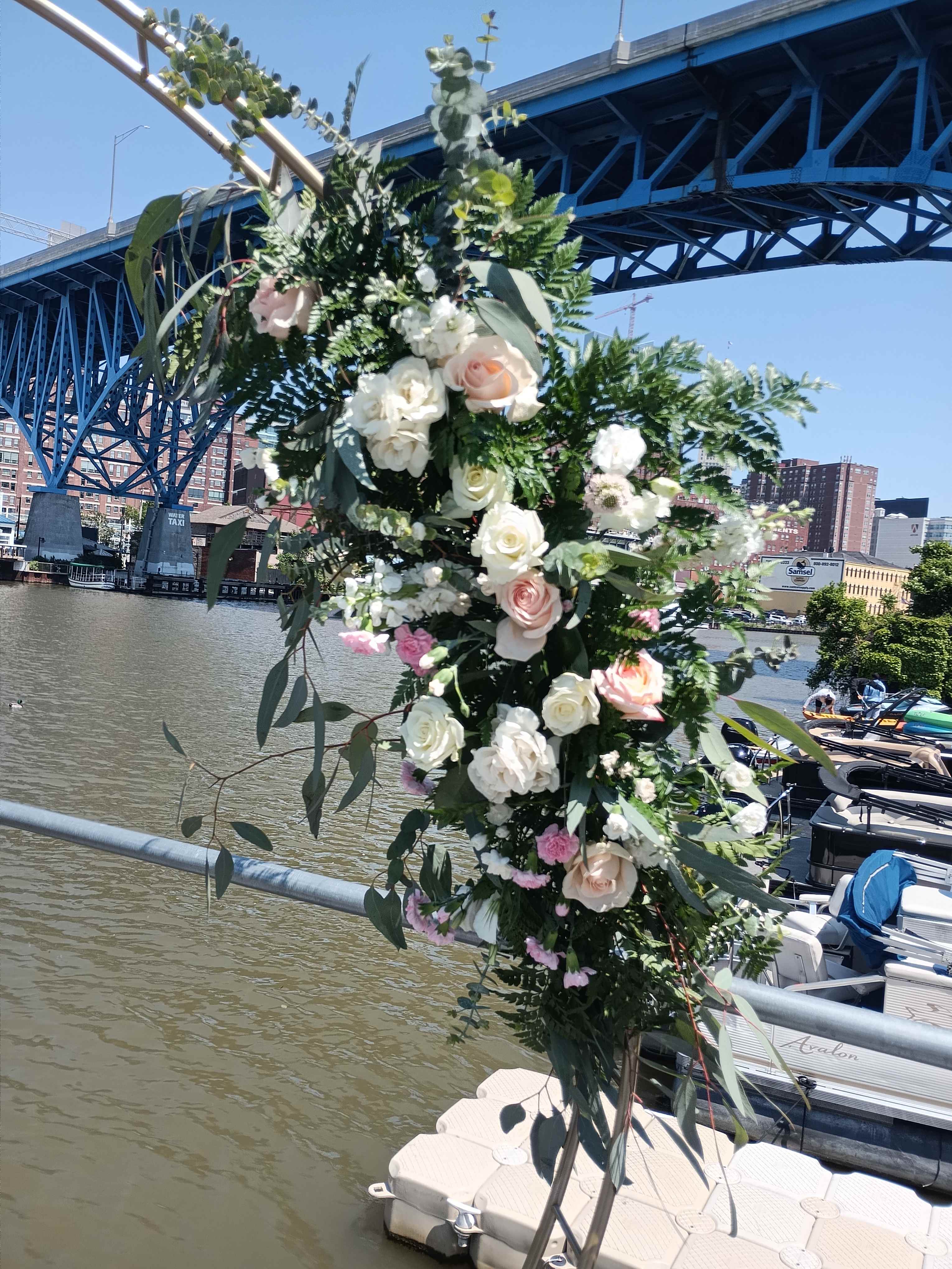 Mersedes wedding arch - Beautiful vintage white &amp; pink flowers and greens asymmetrical archway  