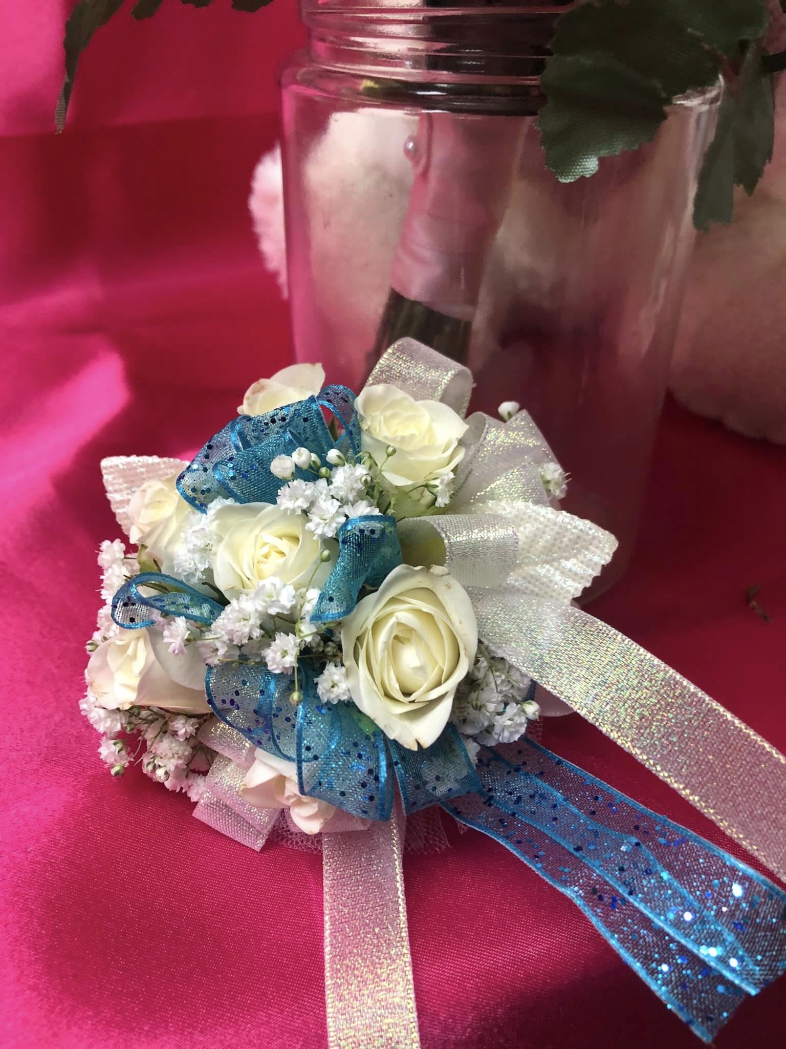Blue and White Wrist Corsage Blue and White Wrist Corsage - Dance the night away as your wrist sparkles - all corsage can be made custom