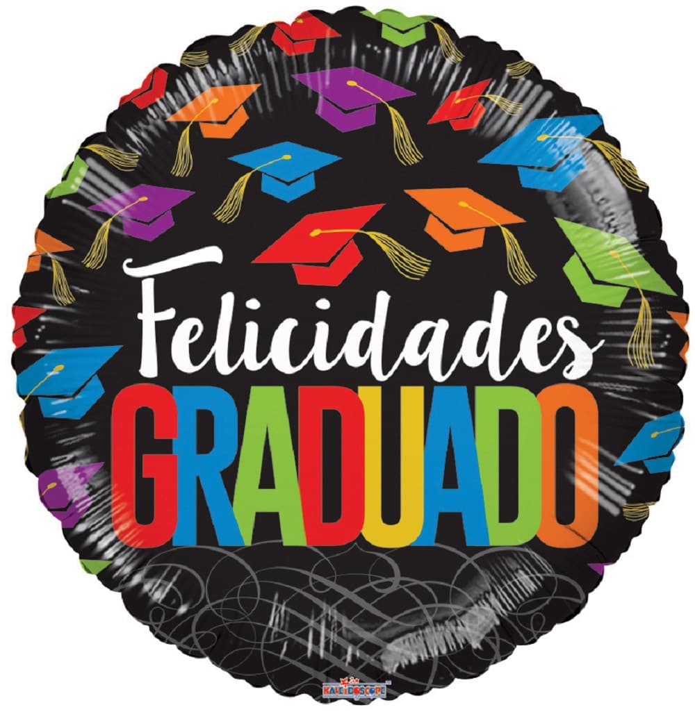 Round graduation balloon with colorful caps and the words "Felicidades Graduado"
