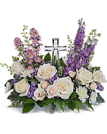KF_TEV67-5A Teleflora's Poised With Love KF_TEV67-5A Teleflora's Poised With Love - A Beutifully Classic Arrangement in Purples And Whites, Featuring Our Crystal Cross.