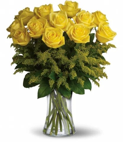 ROSY GLOW - Yellow roses symbolize friendship, and sending this sunny bouquet of bright yellow flowers is such a beautiful way to celebrate a special bond. Destined to make anyone's day glow, these roses are brilliant! Size: 16''x 20H Standard: 12 roses Deluxe: 18 roses Premium: 24 roses