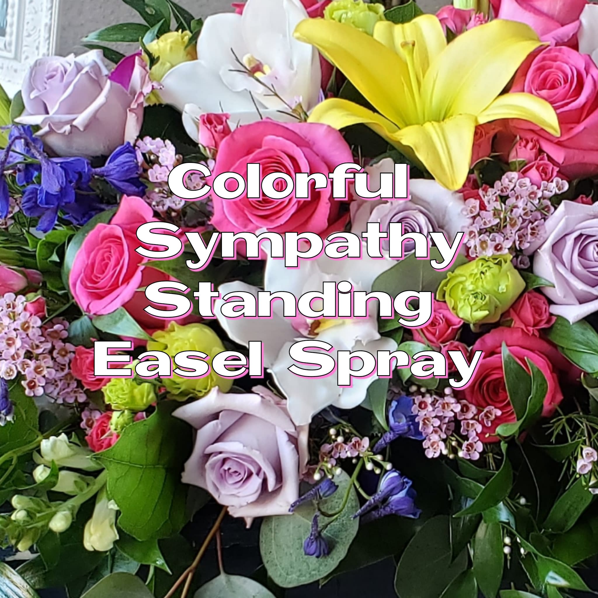 Colorful Sympathy Standing Easel Spray - for the service Colorful Sympathy Standing Easel Spray - for the service - Not sure what to send. Let us take make a very special funeral arrangement for you. This design will be a beautiful and thoughtful in an array of all white flowers, greens and fillers using the season's best flowers. We will design the arrangement to reflect the size chosen standard, deluxe or premium. Arrangement is delivered on a wood easel for display.