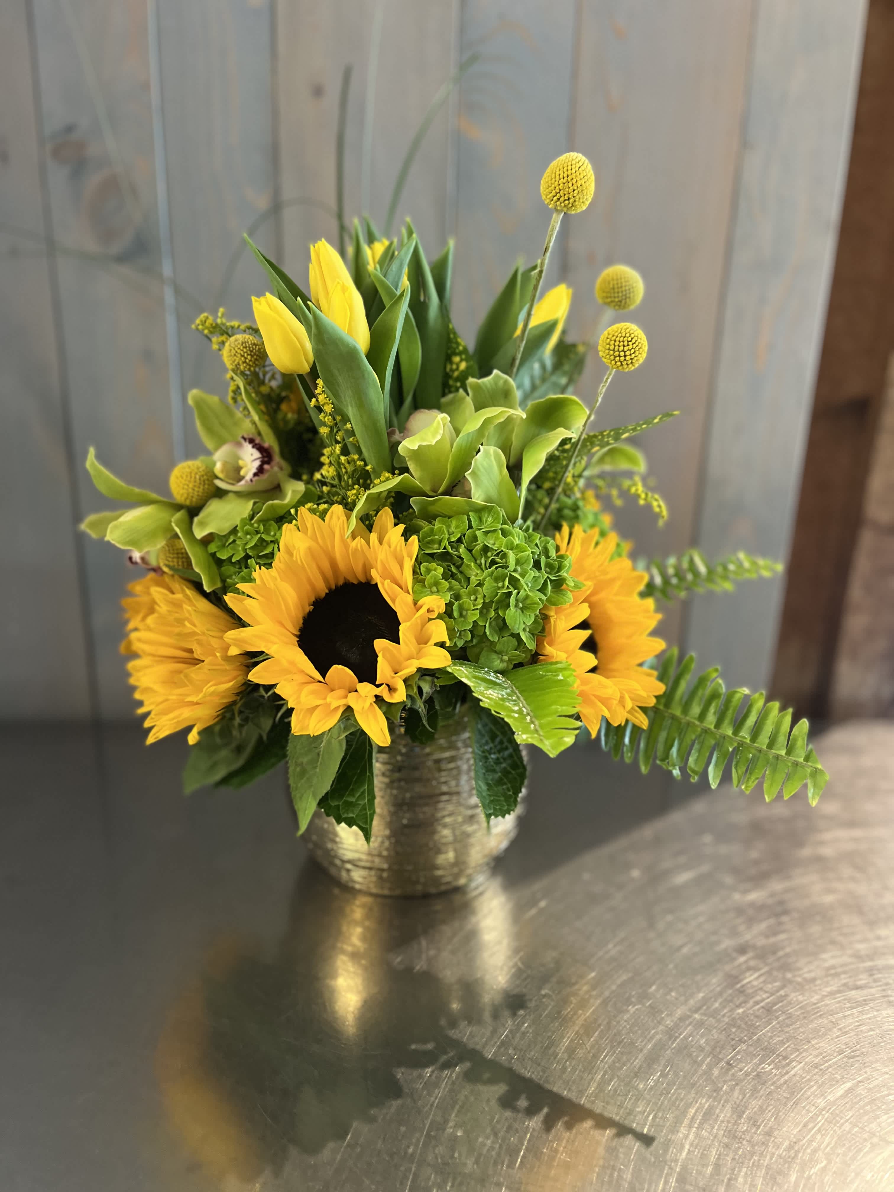 Good Morning Sunshine  - Sunflowers &amp; Tulips with assorted greens will put a smile on anyones face 