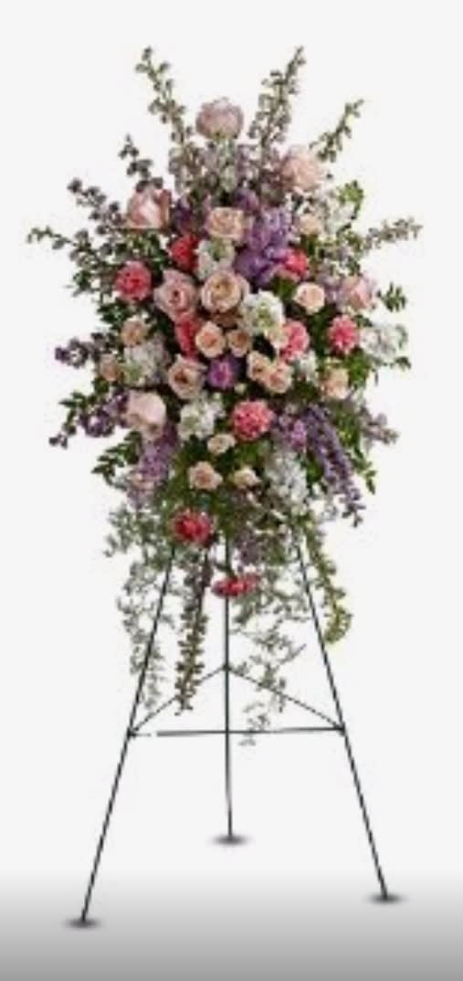 Sympathy stand Sympathy stand - Larkspur, roses , carnations , spring rye, stock