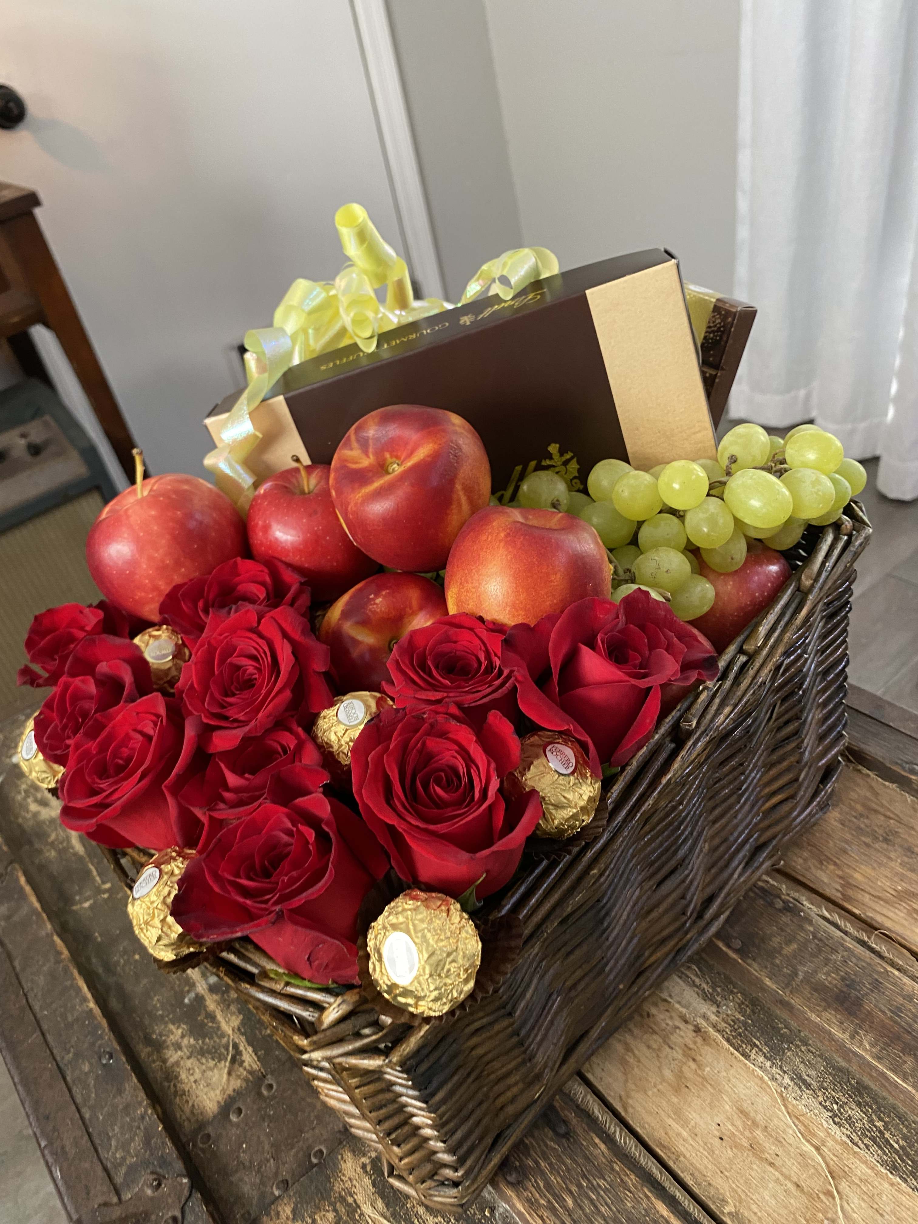 Basket with chocolates and fruits - Basket with fruits chocolates and one dozen roses 