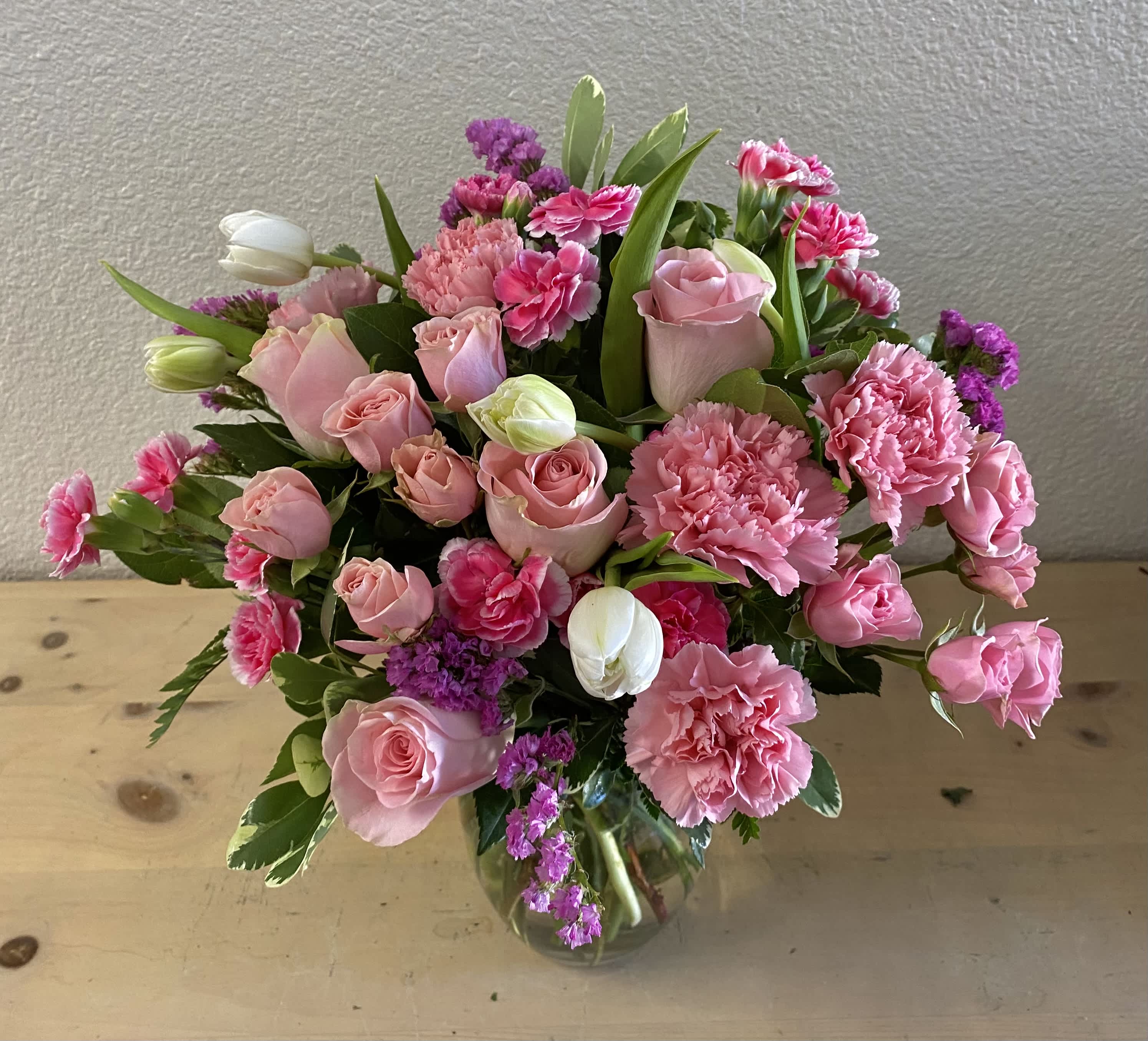 Duchess Duchess - Light pink roses, white tulips, pink carnations, hot pink carnations, purple larkspur