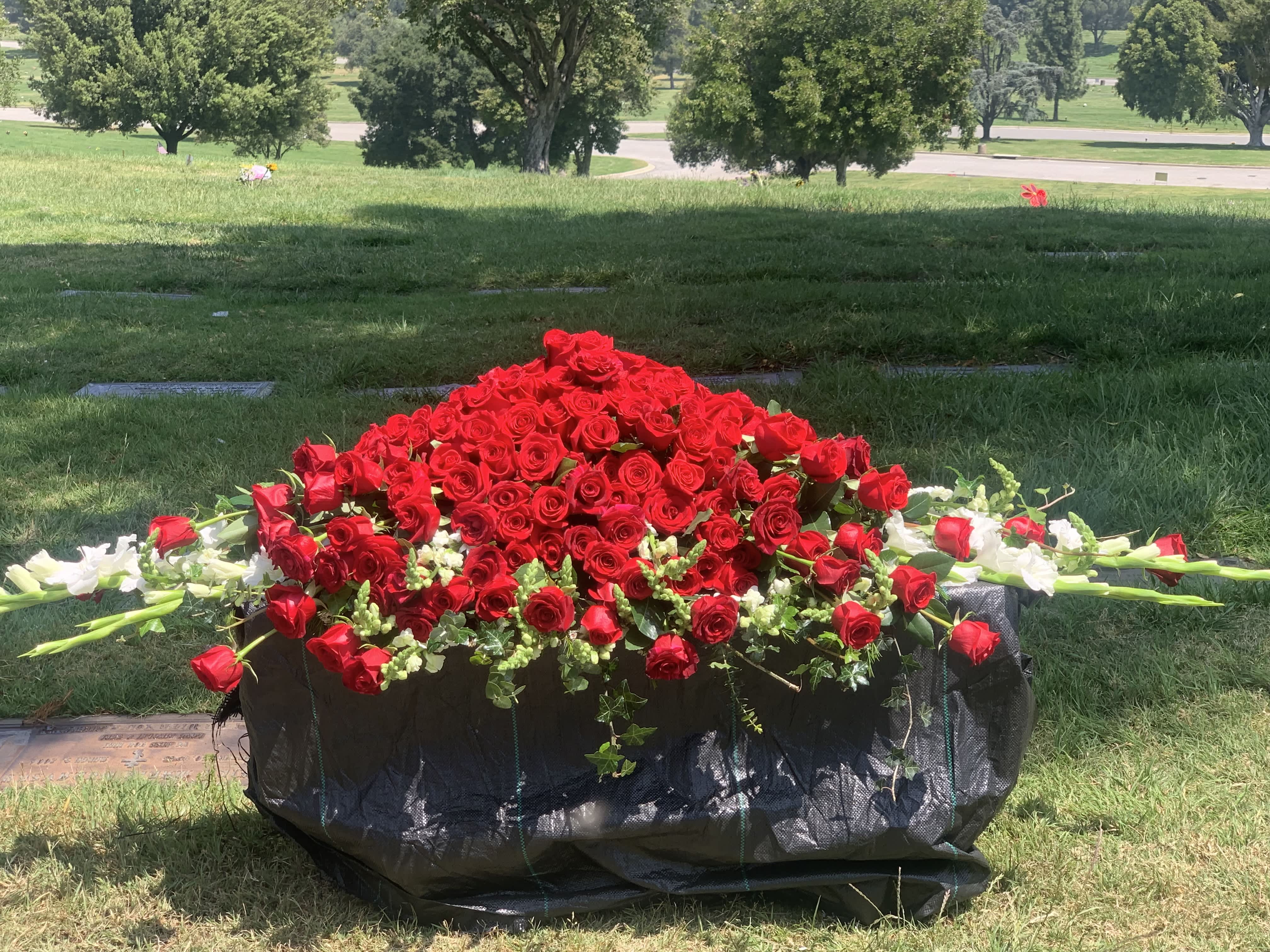 CHERISHED LOVE CASKET SPRAY- ON SALE WAS $730 CHERISHED LOVE CASKET SPRAY- ON SALE WAS $730 - CHERISHED THE MEMORIES GARDEN OF LOVE CASKET SPRAY A TRUE EXPRESSION OF ETERANAL LOVE, OVERFLOWING WITH PREMIUM RED IMPORTED ROSES AND LOVELY WHITE FLOWERS FLOWING SIX FEET LONG. IDEAL FOR A CLOSED CASKET.