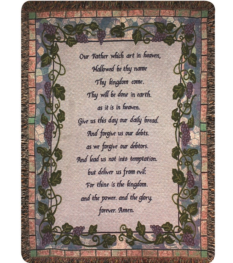 Lord's Prayer Ivy Afghan - Woven afghan measures approximately 50in x 60in and displays the text &quot;Our Father which art in heaven, hallowed be thy name. Thy kingdom come. Thy will be done, in Earth as it is in heaven. Give us this day our daily bread. And forgive us our debts. As we forgive our debtors. And lead us not into temptation, but deliver us from evil. For thine is the kingdom, and the power and the glory, forever. Amen.&quot; 