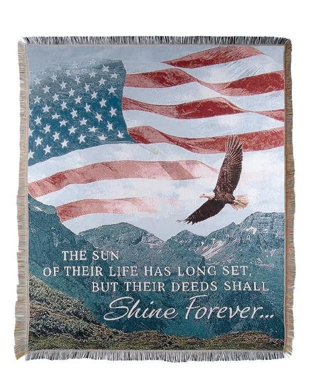 Shine Forever Woven Throw - This full size Woven throw displays the text &quot;The sun of their life has long set, but their deeds shall shine forever&quot;.