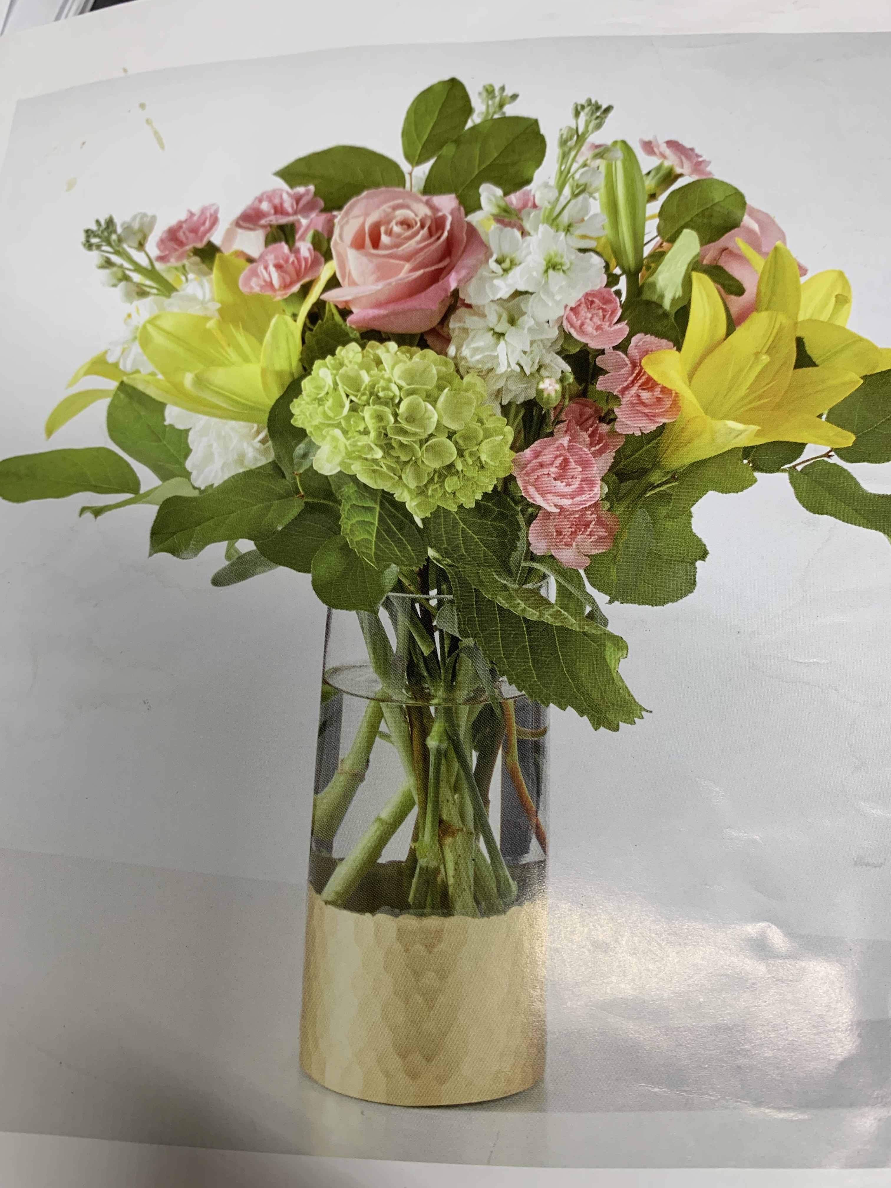 Gold Dipped Delight Bouquet - Pink mini carnations, white stock, green hydrangeas, pink 50 cm Roses, yellow LA Hybrid Lily stem, salad tip