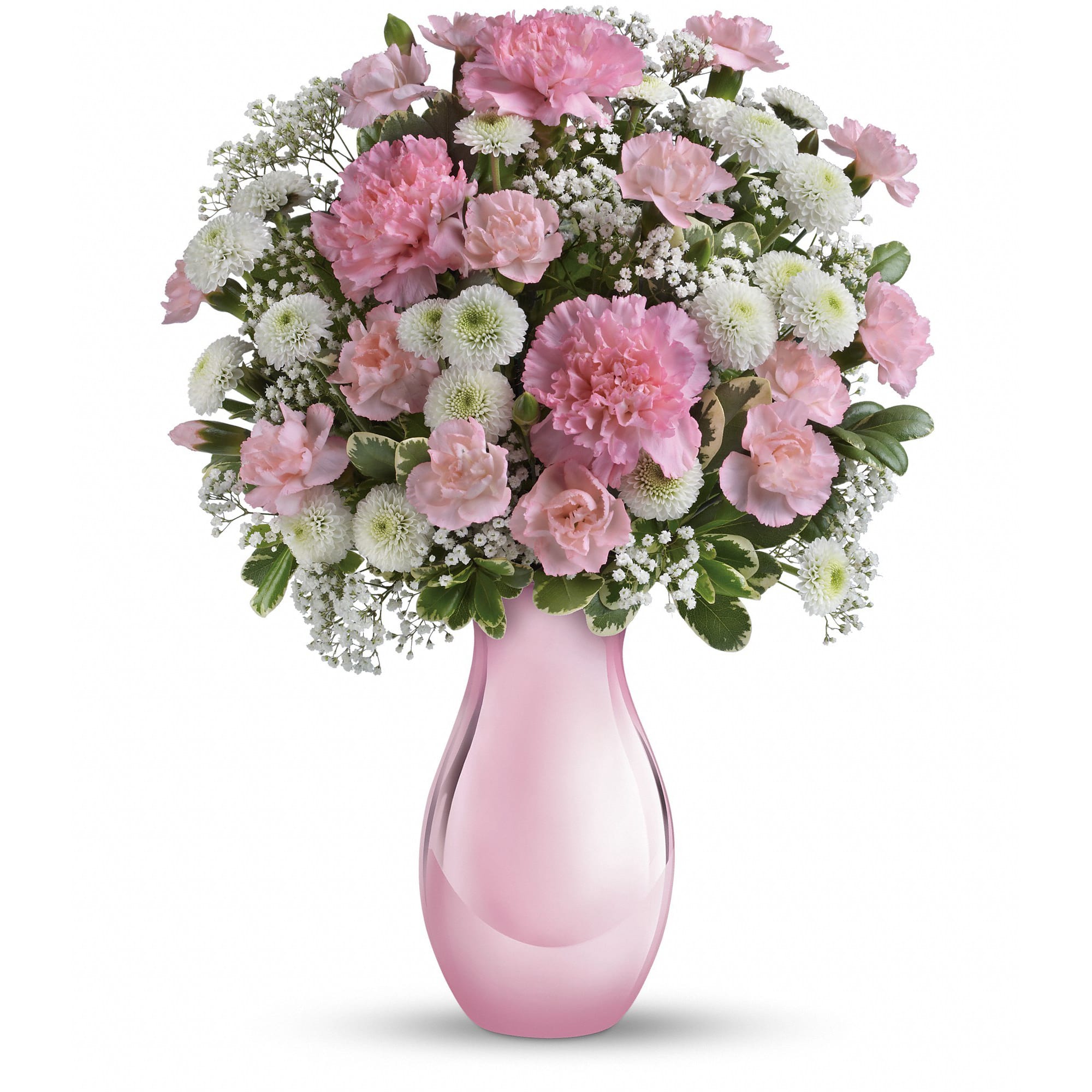 Tev31-3a Teleflora's Radiant Reflections Bouquet - Hurray for pink! Celebrate your sweet one with this sentimental bouquet - a delightfully pink mix of pink and white blooms presented in a keepsake Pink Reflections vase she'll cherish always. Orientation: One Side  