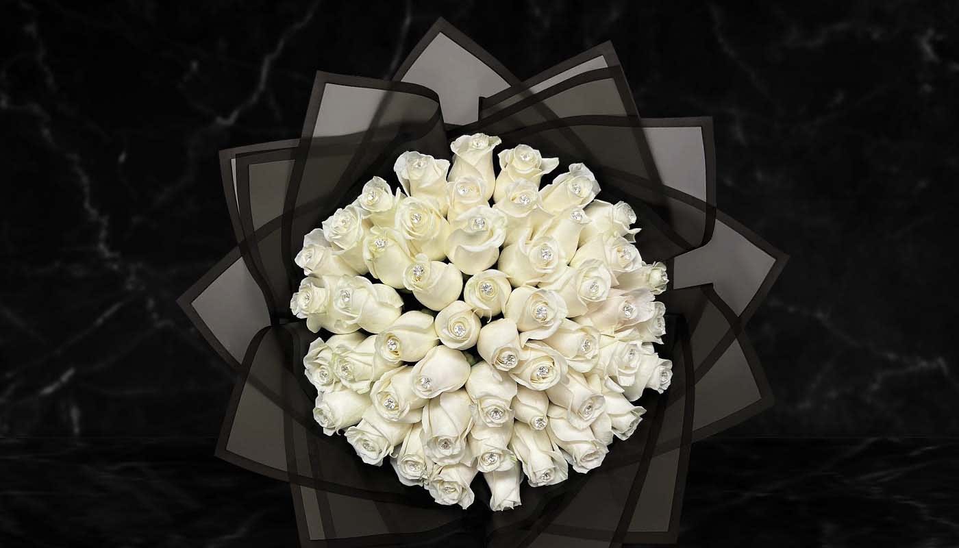 White Bouquet  - this is arrangement 50 white Roses &amp; black Paper 