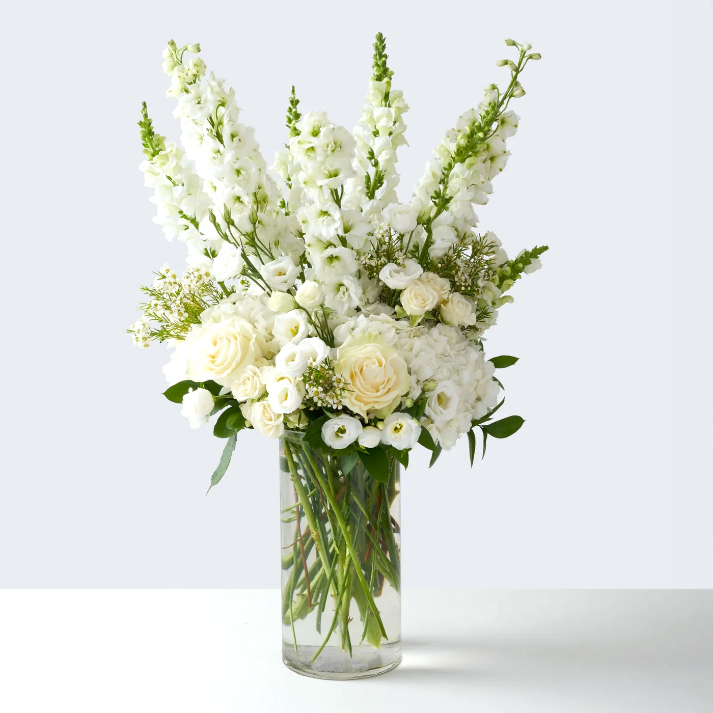Wesmount - An exquisite arrangement of timeless purity of white blossoms with the fresh vibrancy of green foliage, creating a harmonious display that will captivate your recipient.