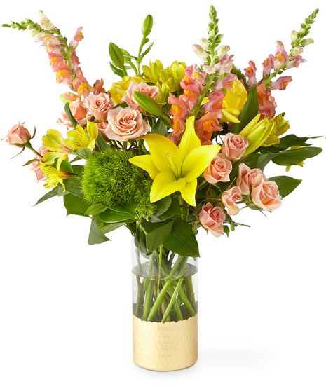 SUNBEAM BOUQUET - The Sunbeam bouquet is the perfect gift to send a dose of heartfelt positivity their way. Sunny yellow lilies and charming peach roses combine with snapdragons and green trick dianthus 