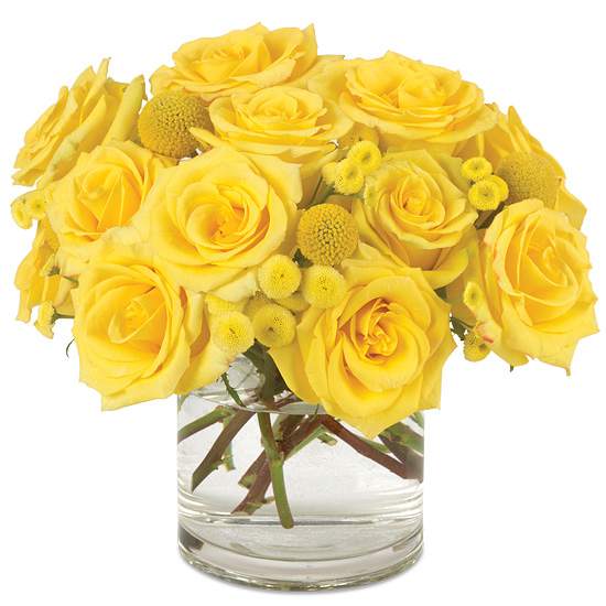 Sunny  Bouquet - This zesty yellow bouquet is a premier way to send best wishes &amp; remind her that you’re thinking of her. High &amp; Yellow Roses symbolize friendship and look truly jovial mixed with playful yellow micro-poms and yellow crespedia.