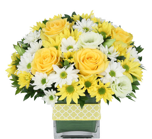 Fresh New Day flower arrangement Fresh New Day flower arrangement - Uplifting white and yellow flowers will definitely help to spread some light and sunshine for a fresh new day. Featuring a nice mix of yellow roses with yellow daisies, white daisies and greens.