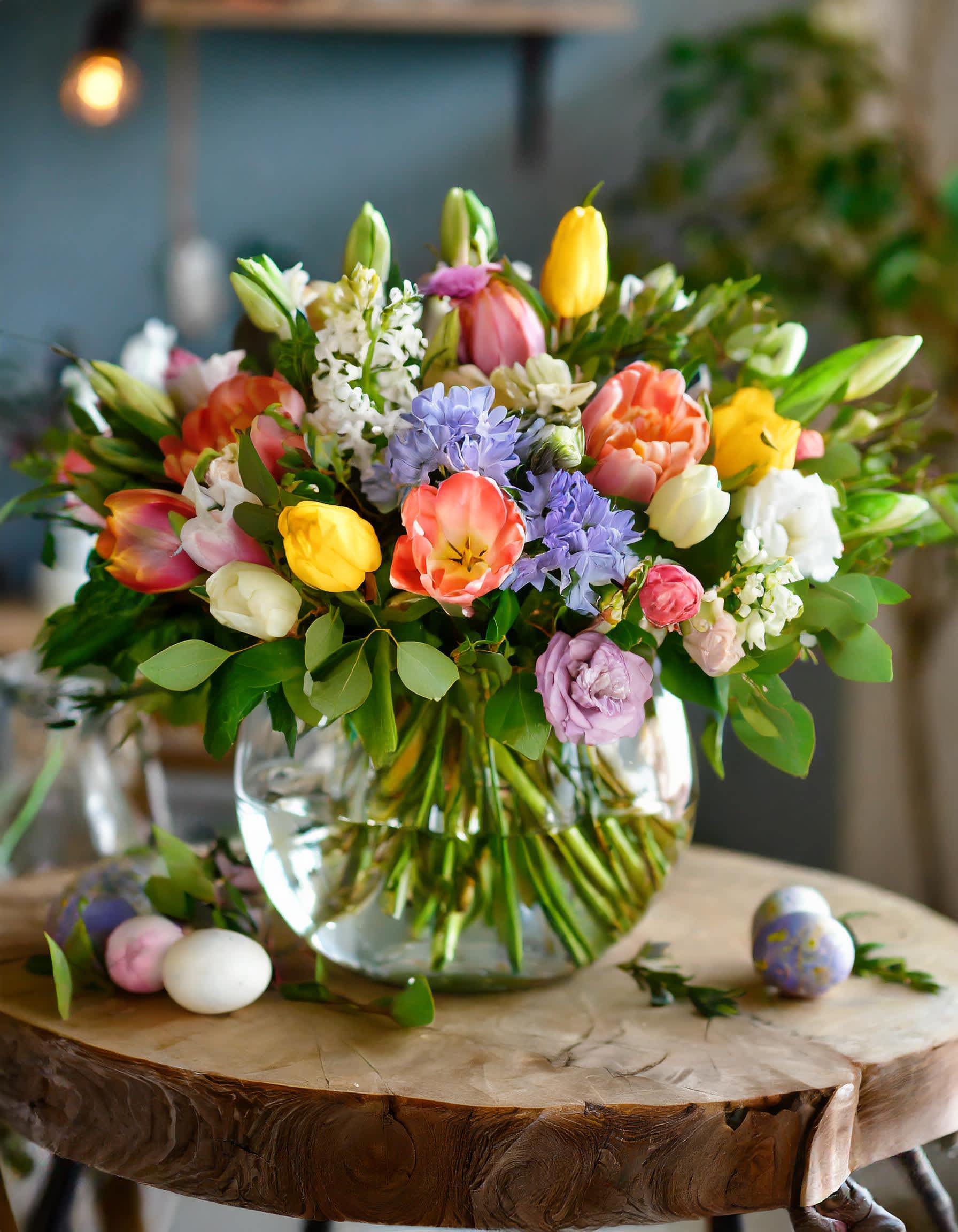 Springtime Reverie - A clear vase with Easter's vibrant essence, a garden-style symphony in purple Hyacint, yellow and pink tulips, mix greens. It's a masterpiece of natural abundance and elegance, evoking the beauty of a sun-kissed garden in full bloom.  Recommended for:  Love and Romance, I Love You Flowers, Anniversary, Proposal,  Romantic Gift, Birthday, Get Well Soon, Celebrations, Best Wishes, Thank You, Congratulations, Just Because, New Baby, Everyday, Easter, Mother's Day