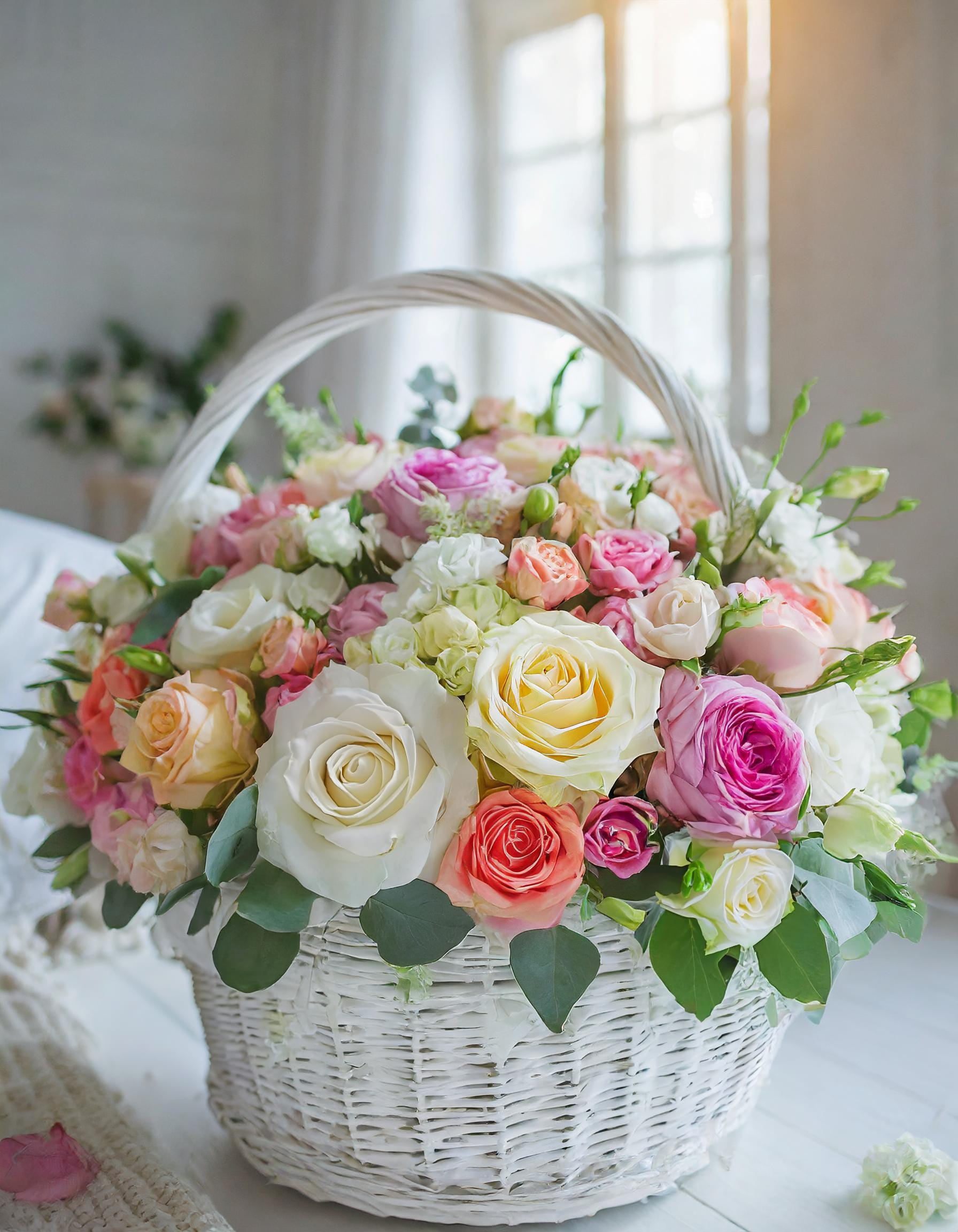 Kaleidoscope Arrangement  - The gentle Spring color palette, a mix of flowers in a basket, looks stunning and evokes the feelings of spring and good vibes. Bring joy into your space with this delightful arrangement!  