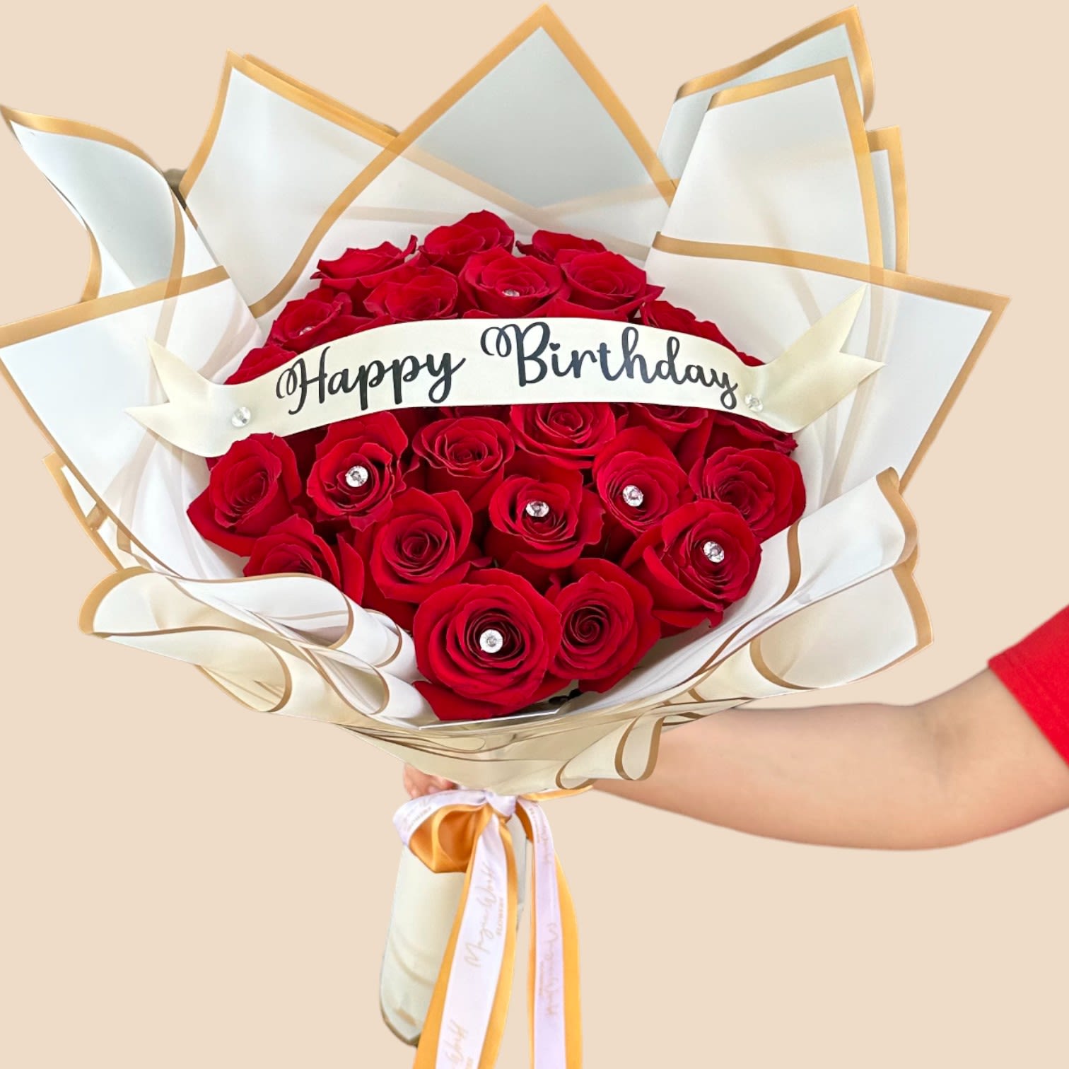 Happy Birthday in White - 25 Red Roses Hand Bouquet in Bedford, TX 