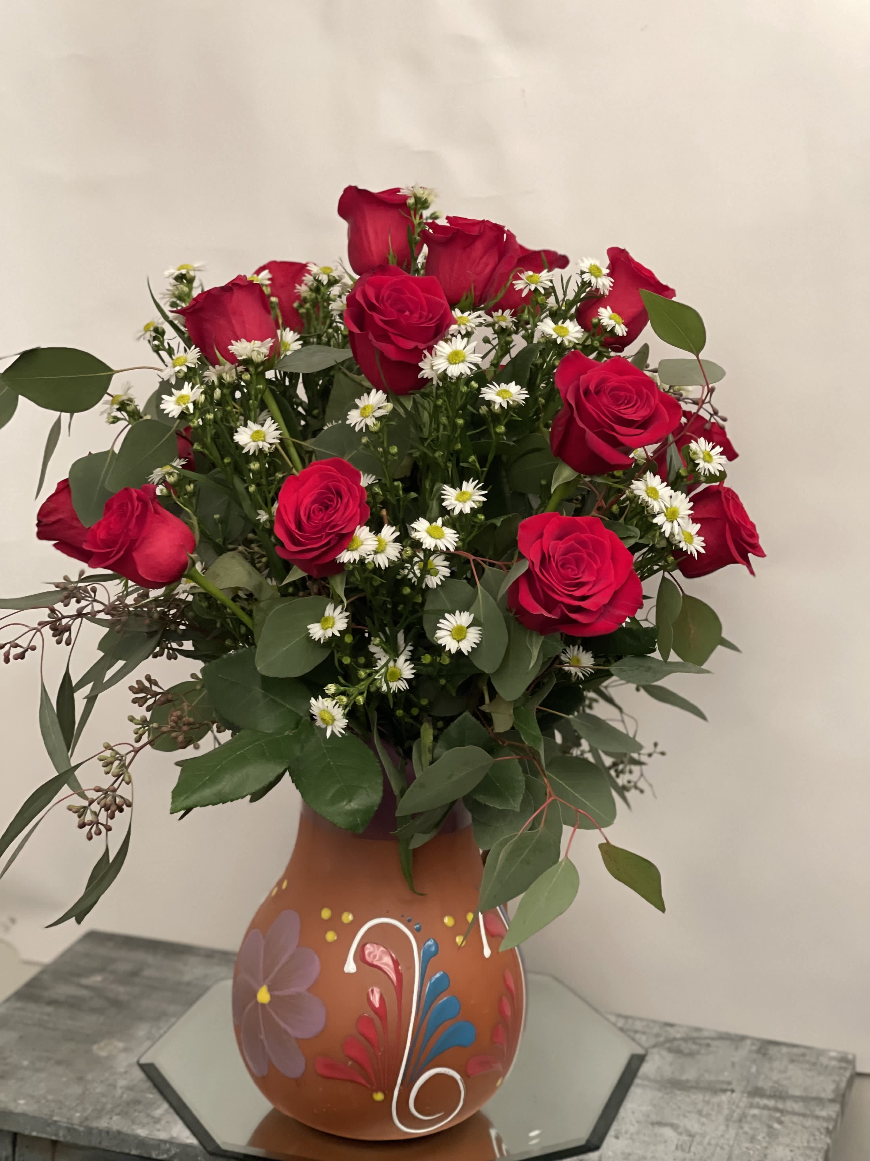 Red Roses in Mexican Jar  - All jars are one of a kind, approximately 18 roses