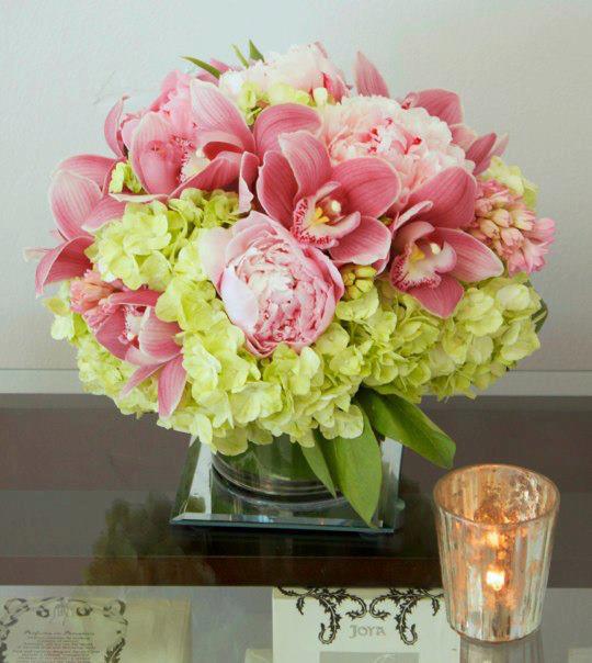 Pink And Green Perfection - Pasadena Florist Pink And Green Perfection - Pasadena Florist - The arrangement has the dimensions of: a base of 4", a head of 12", and a height of 12". The design features subtle pink Orchids, soft pink Peonies and green Hydrangeas at variance with the pink, but equal in its mellowed complexion. The soft tones of this design compliment each other superlatively; as they rise from a petite glass vase making it a perfect gift for all occasions.